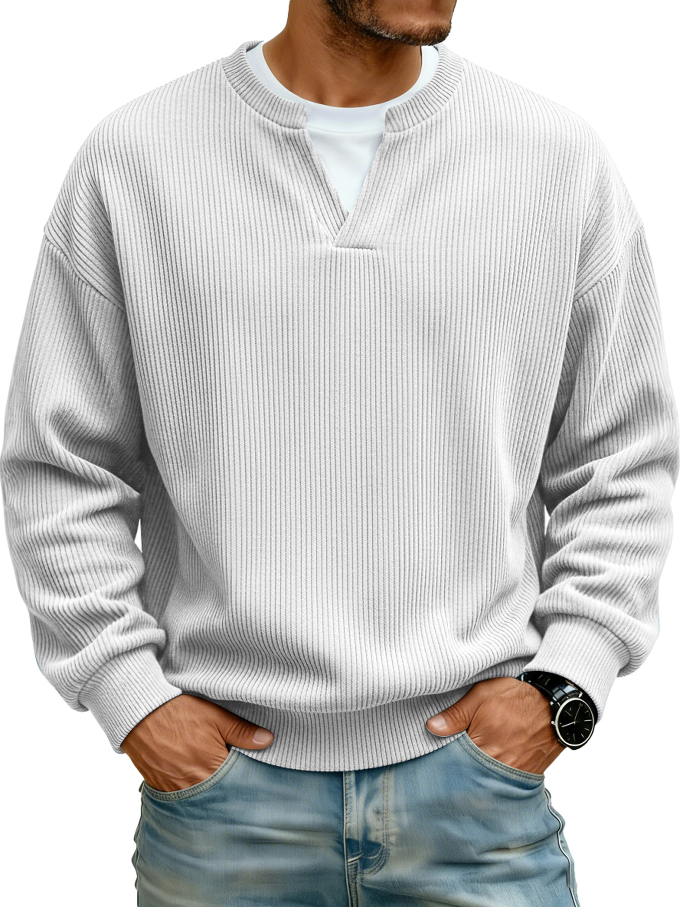 Herren Ripp-V-Ausschnitt Faux Zwei-Teile Freizeit Langarm T-Shirt-deurabatt
