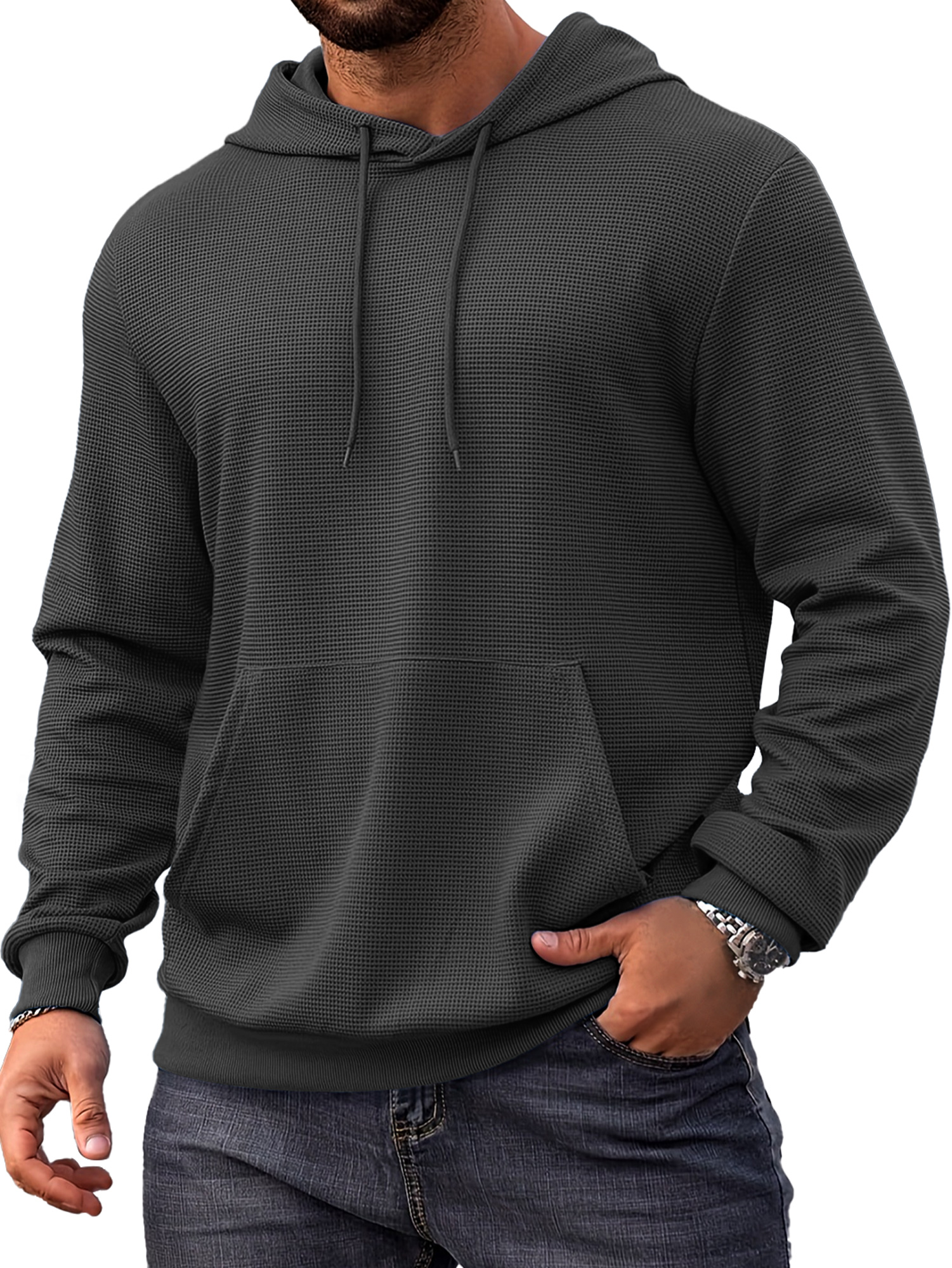 Herren Alltags Einfach Waffel Bequem Langarm Kapuzenpullover-deurabatt