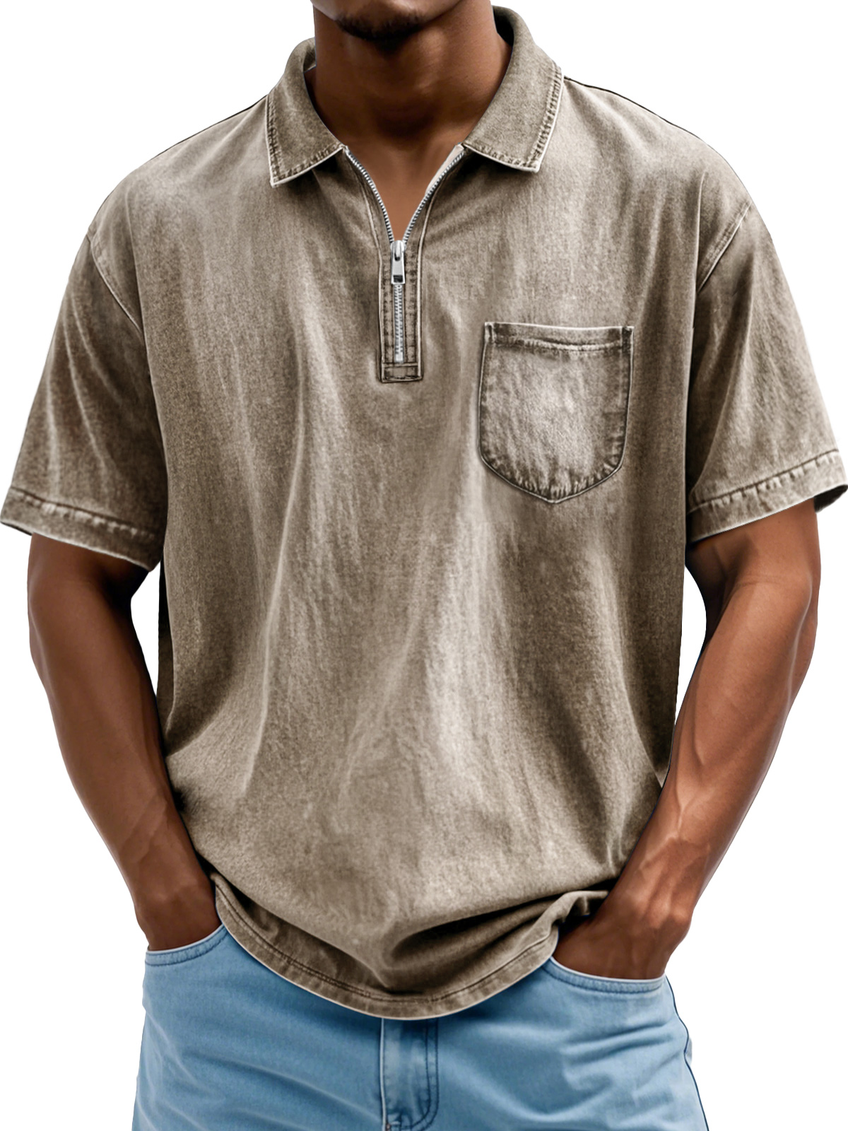Herrenmode Retro Revers Reißverschluss Freizeit Kurzarm POLO Hemd-deurabatt