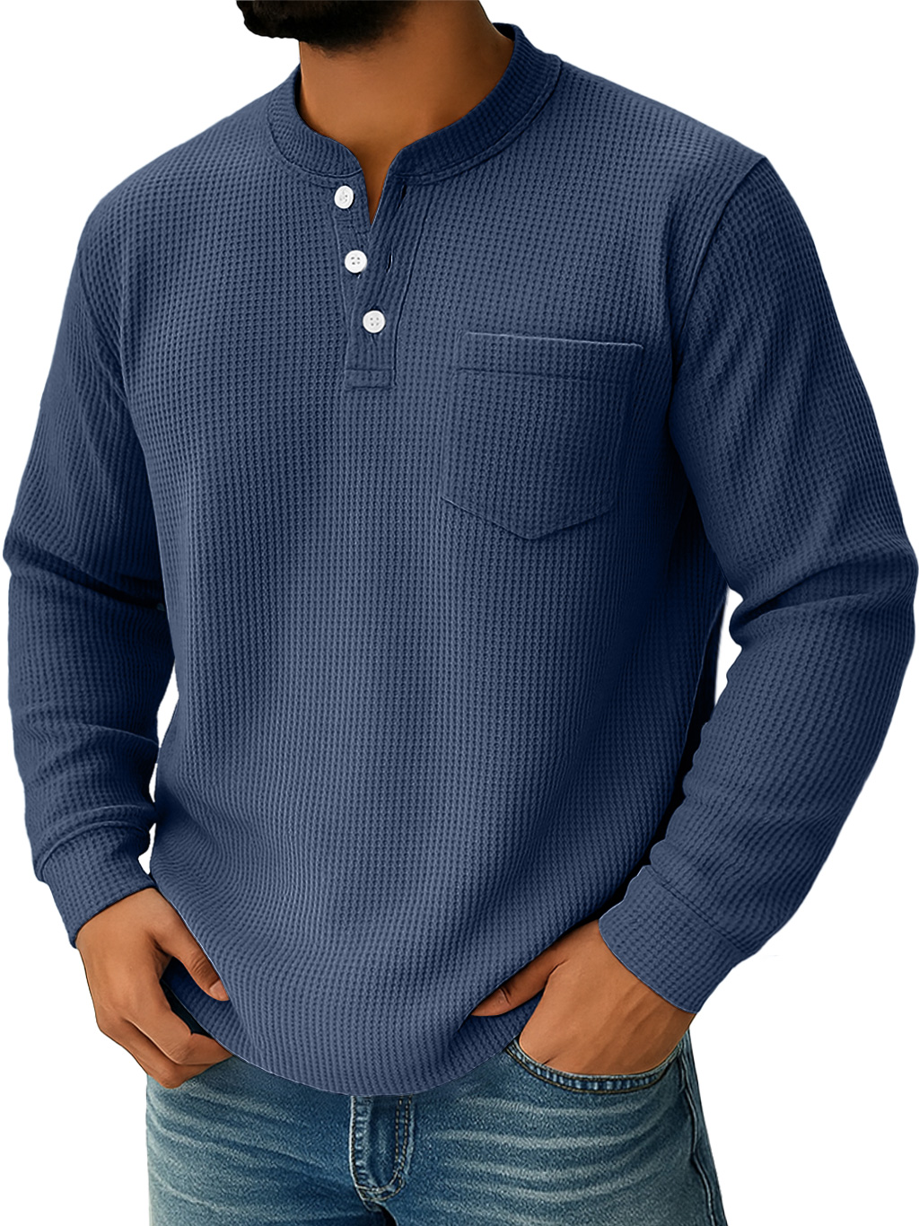 Herren Alltags Waffelkragen Button-Down Freizeit Langarm Henley-deurabatt