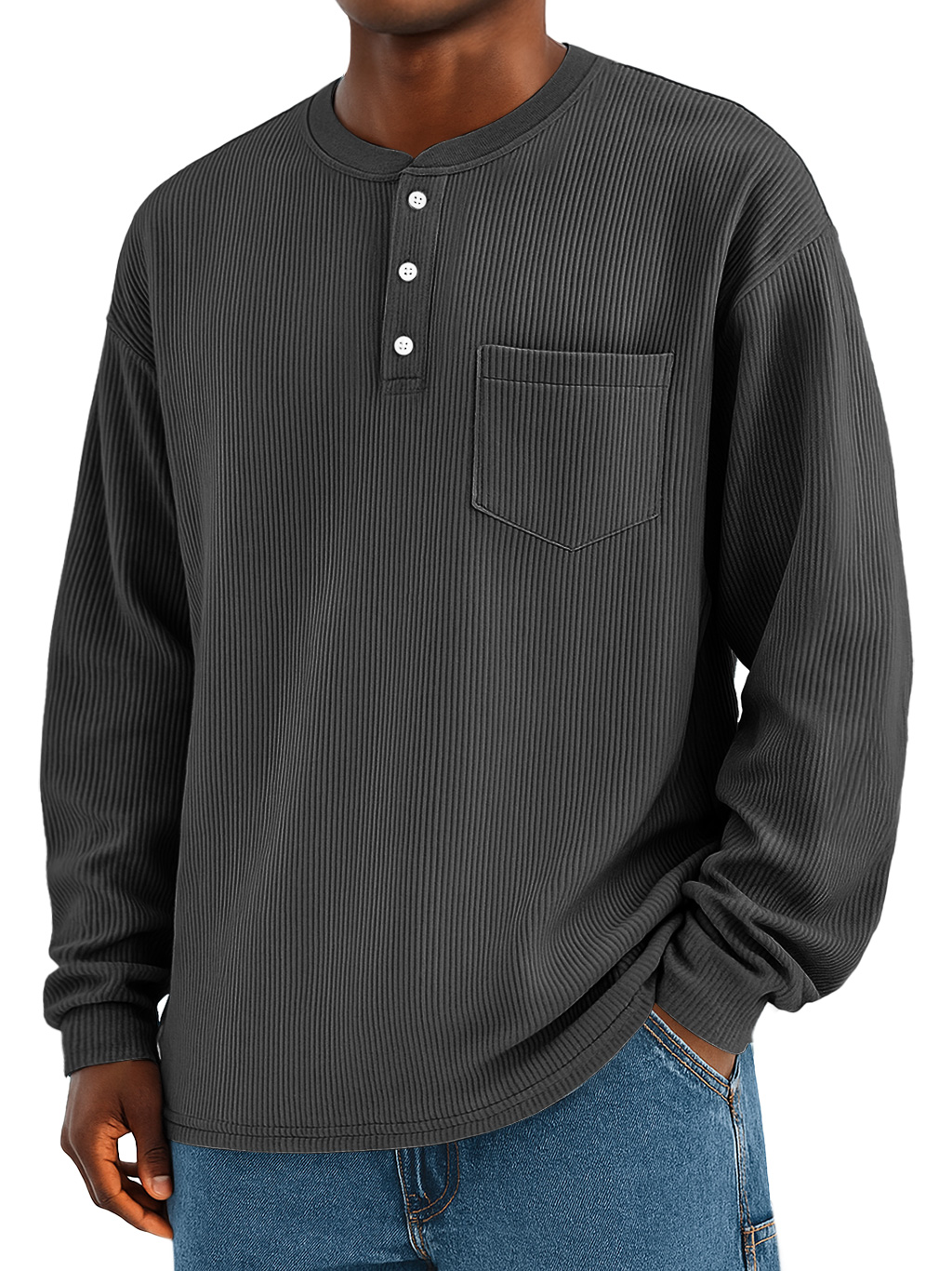 Männliches modisches Alltags-Ripp-Taschen-Casual Langarm-Henley-Shirt-deurabatt