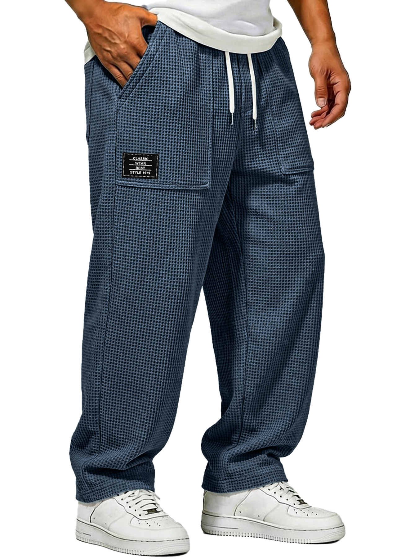 Herren Waffelstrick Freizeitlockere Hose mit aufgesetzten Taschen und gesticktem Logo-deurabatt