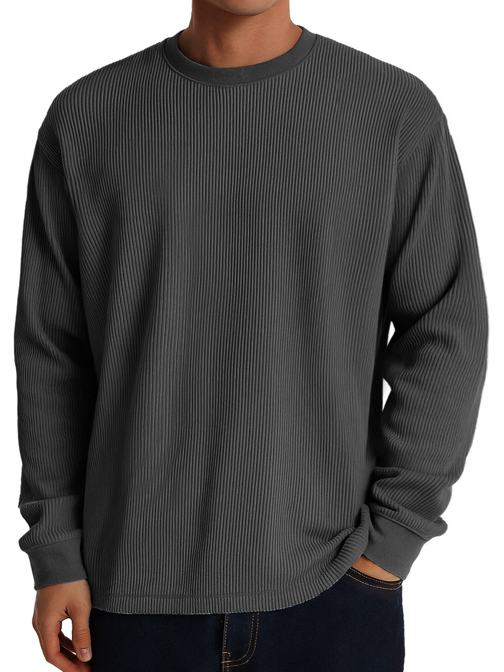 Herren Freizeit Rundhals Ripp Komfortabel Langarm T-Shirt-deurabatt