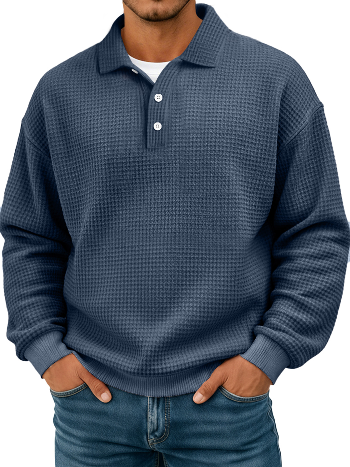 Einfaches Waffelstruktur Revers Knopf lässiges langärmliges POLO-Shirt-deurabatt