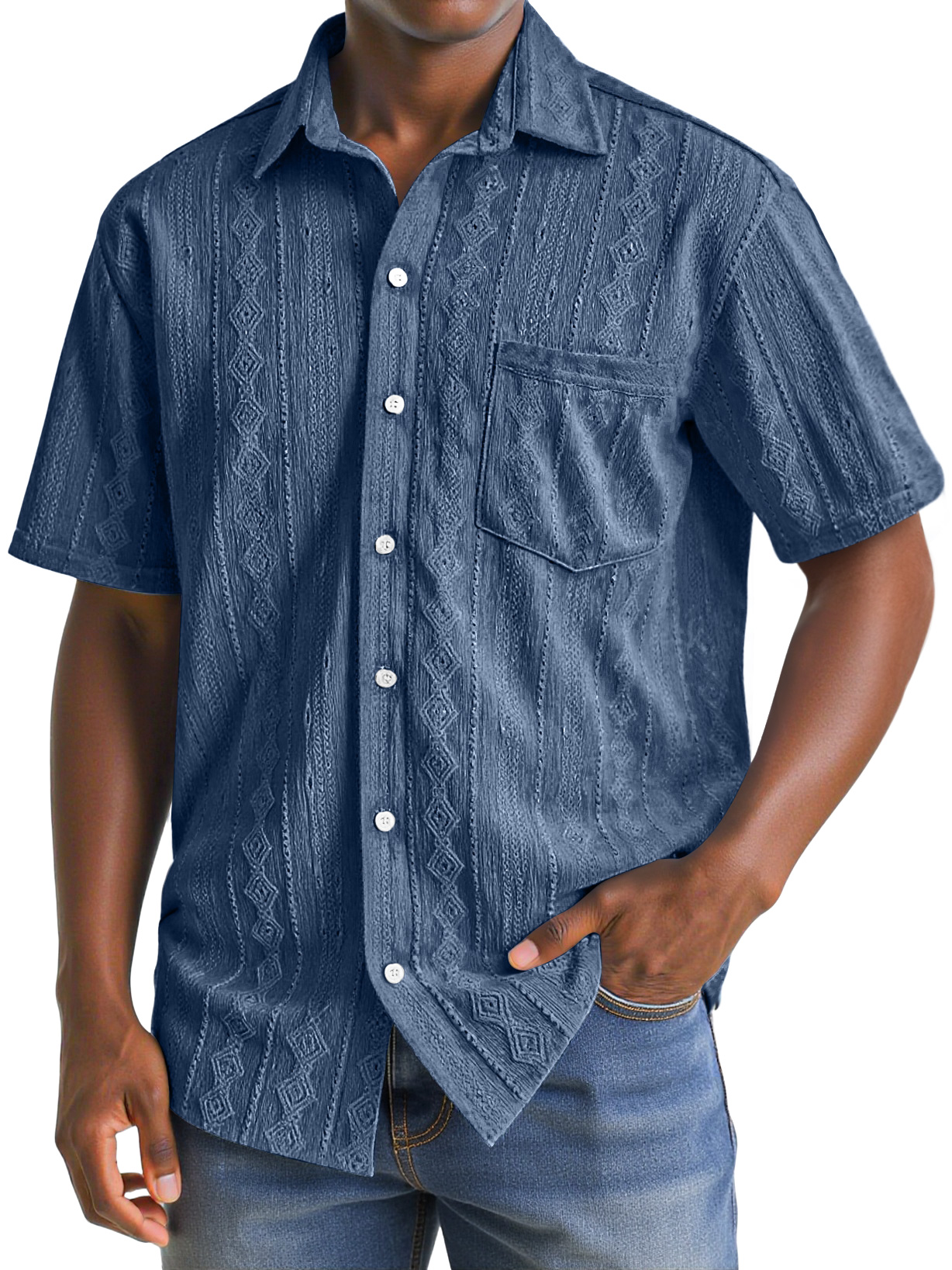 Herren Daily Texture Casual Pocket Revers Einfarbig Bequem Kurzarmhemd-deurabatt
