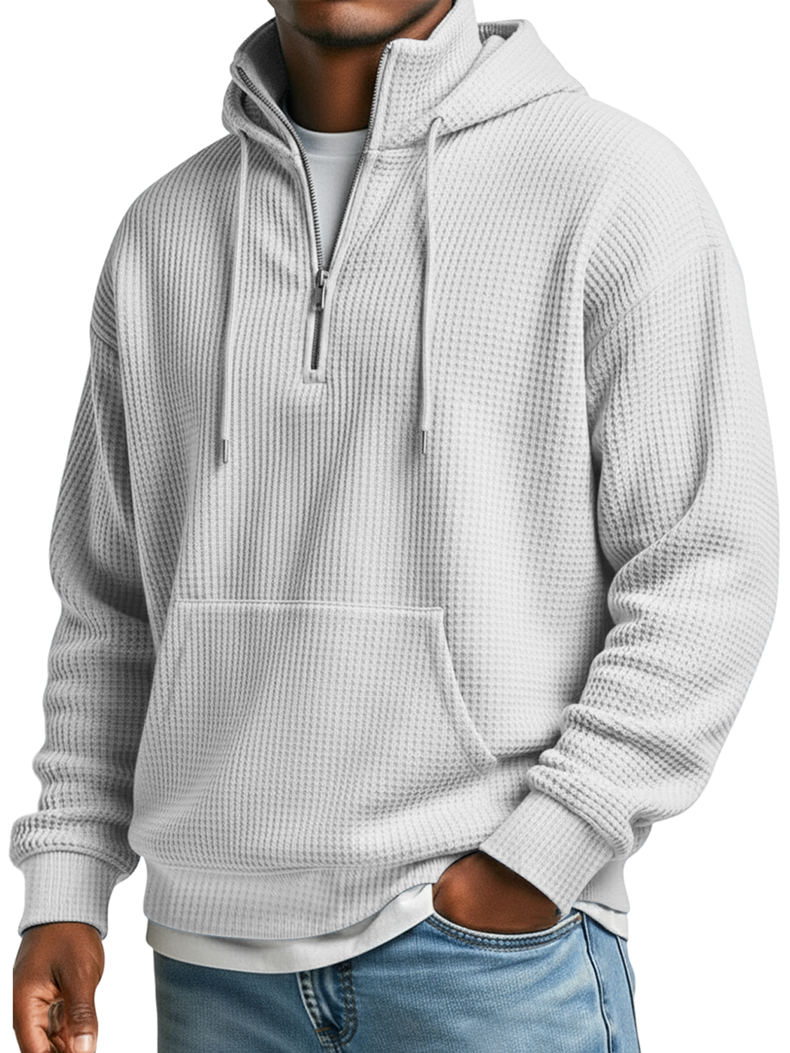 Herren Waffelkragen Reißverschluss Lässiger Lockere Kapuzenpullover-deurabatt