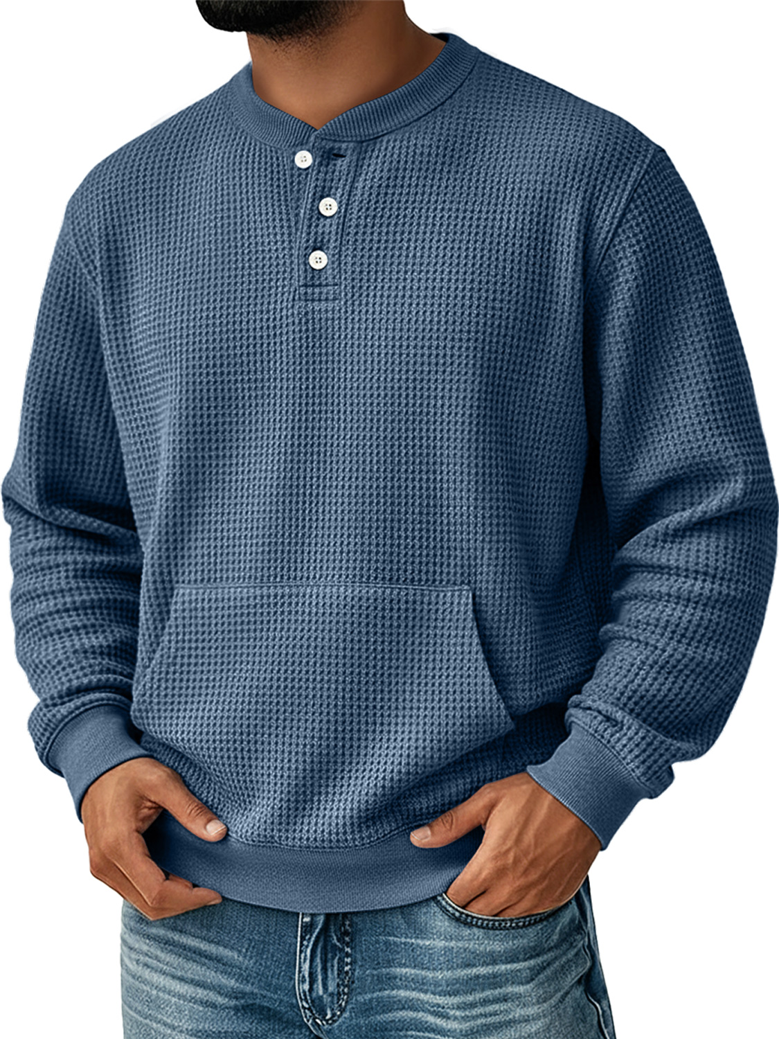 Herren Einfaches Waffel Stehkragen Knopf Freizeit Tasche Sweatshirt-deurabatt