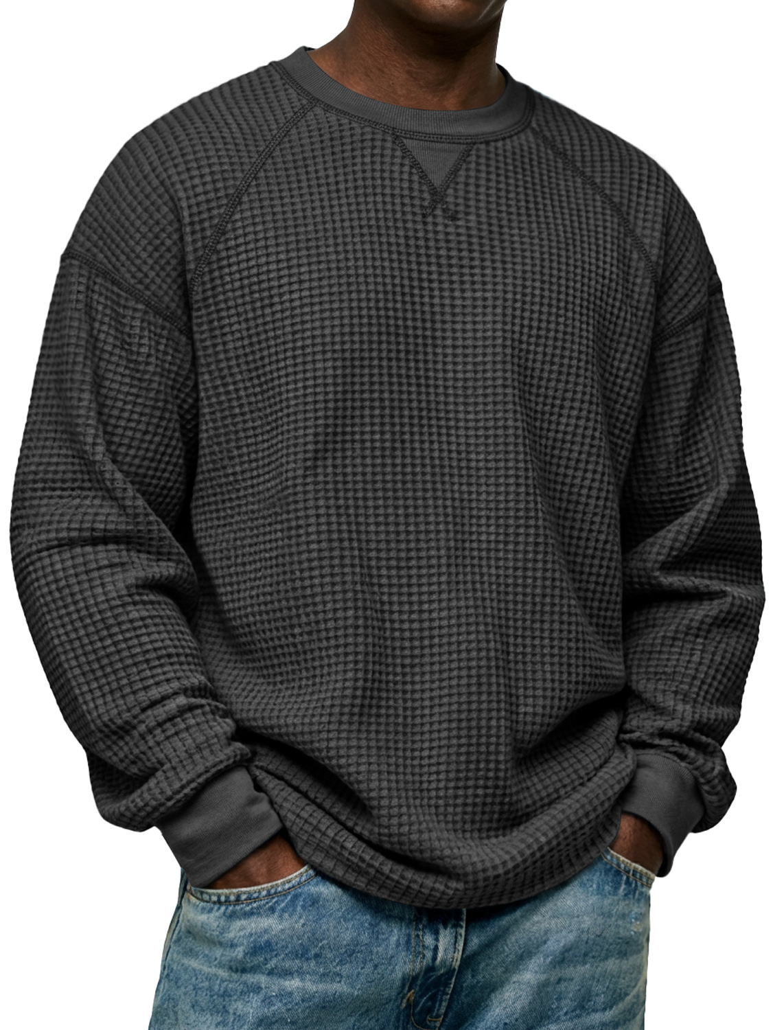 Herren Einfaches Waffelstrick Rundhals Raglanärmel Langarm-T-Shirt-deurabatt
