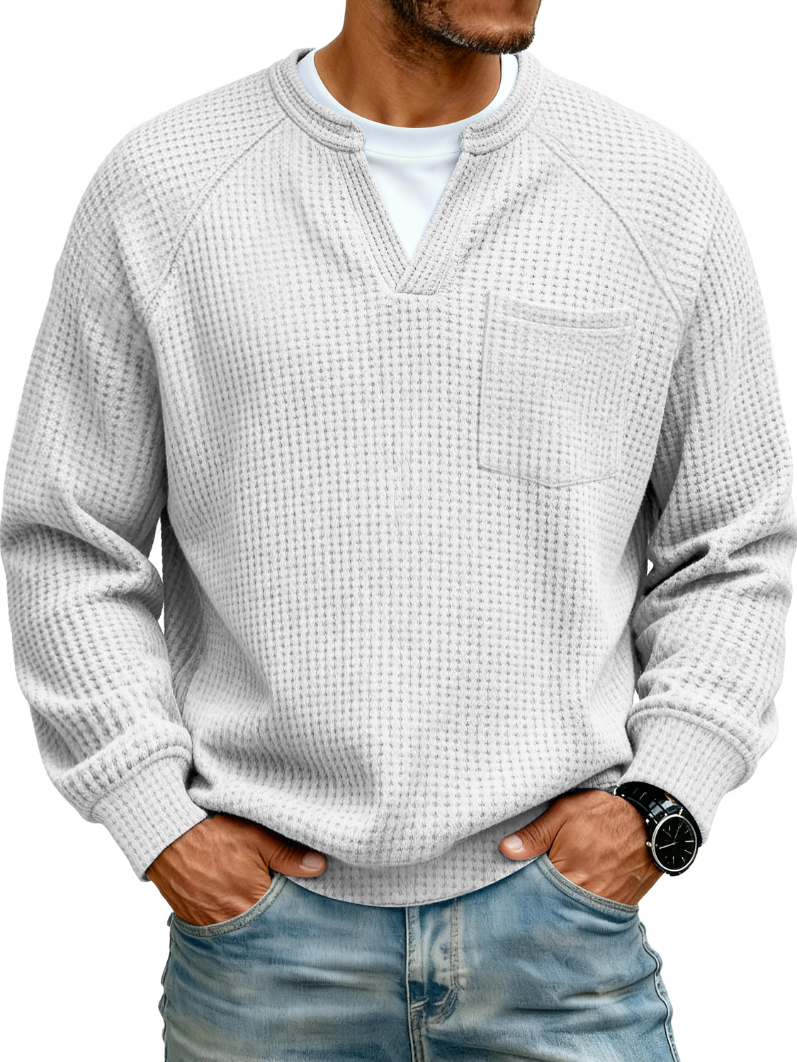 Herren Raglan Waffelstrick Faux Zwei-Teile Freizeit Tasche Langarm T-Shirt-deurabatt