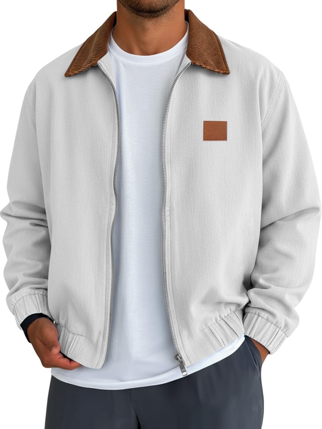 Herren Einfaches Einfarbiges Patchwork-Kragen Besticktes Lederlabel Freizeitjacke-deurabatt