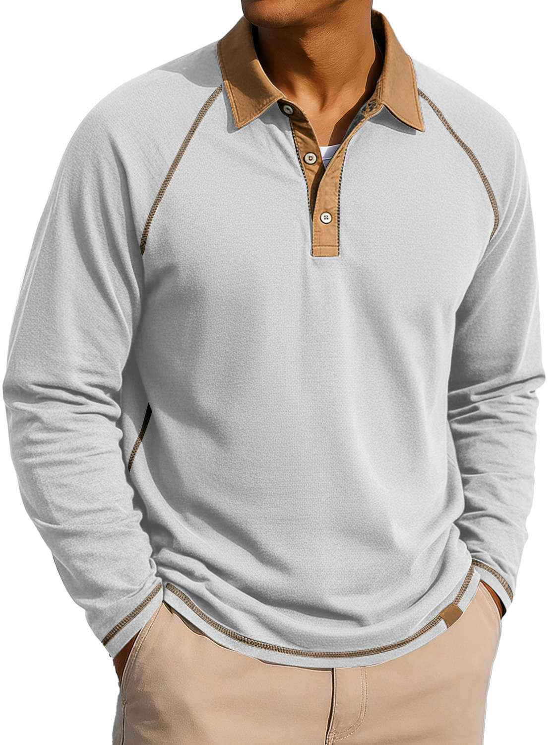 Herren Revers Knopf-auf Farbblock Raglan Ärmel Freizeit Langarm Polohemd-deurabatt