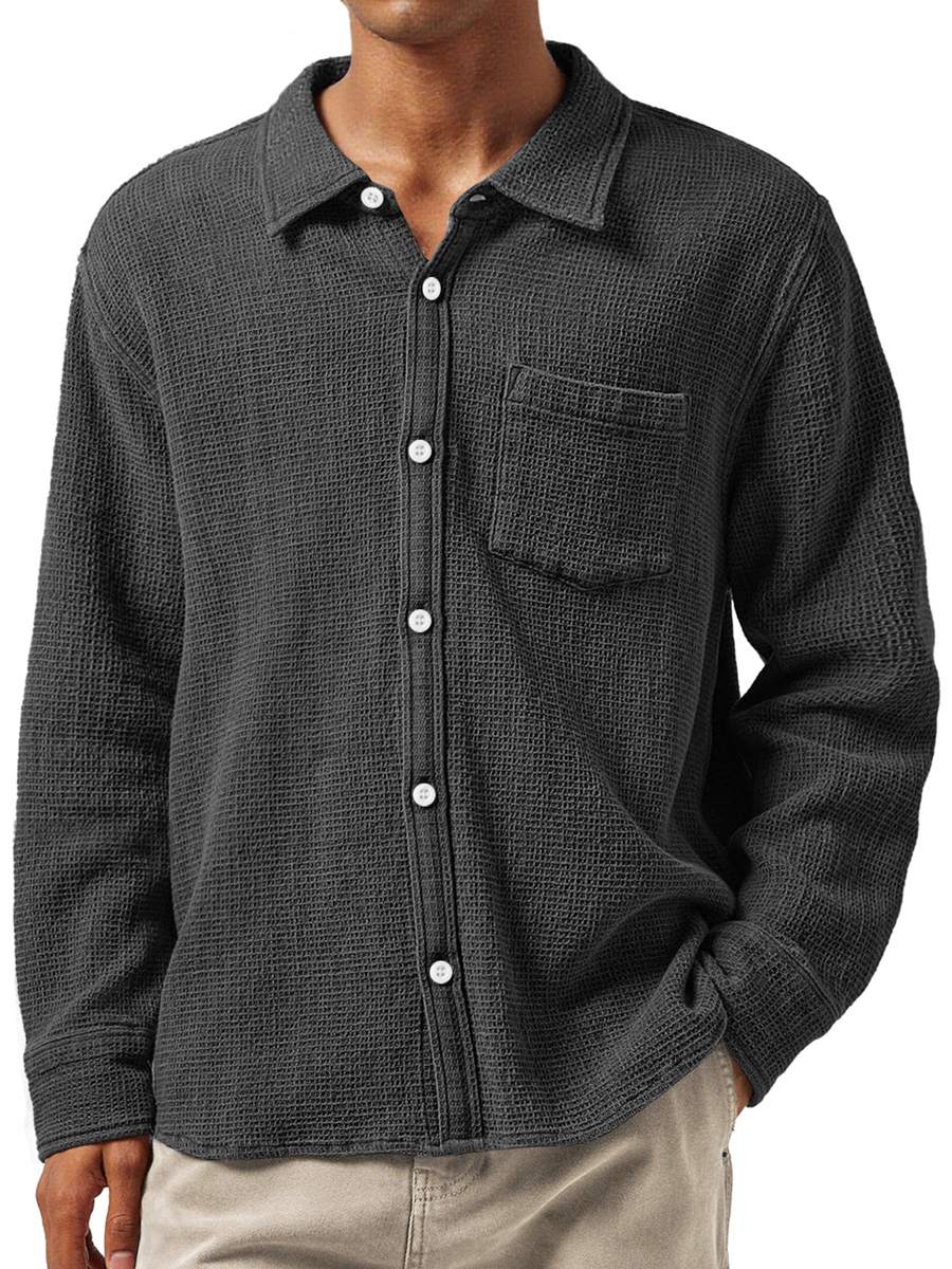 Herren Daily Waffle Texture Revers Tasche Lässige Langarmshirt-deurabatt
