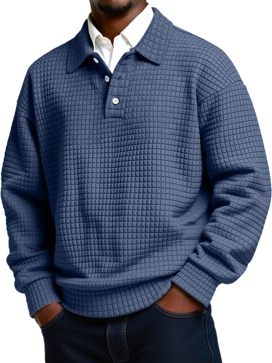 Herren Daily Small Plaid Revers Knopf Lässiges Langarm Polohemd-deurabatt