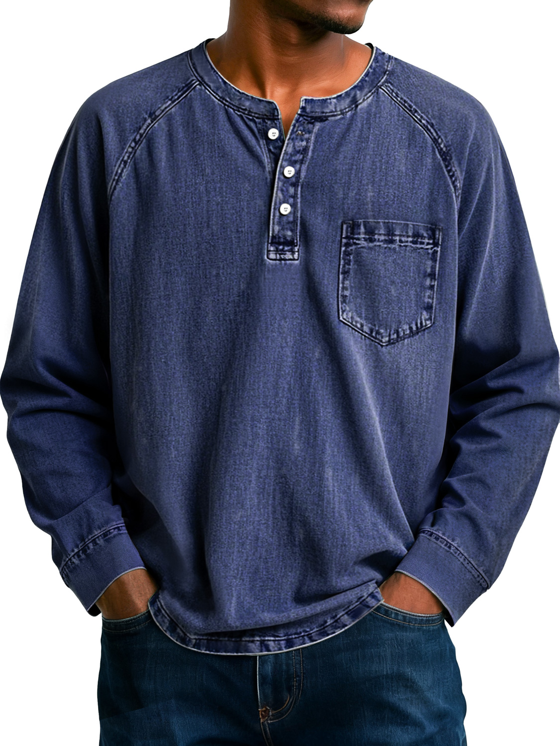 Herren Retro Raglan Tasche Lässiges Langarm-Henley-Shirt-deurabatt