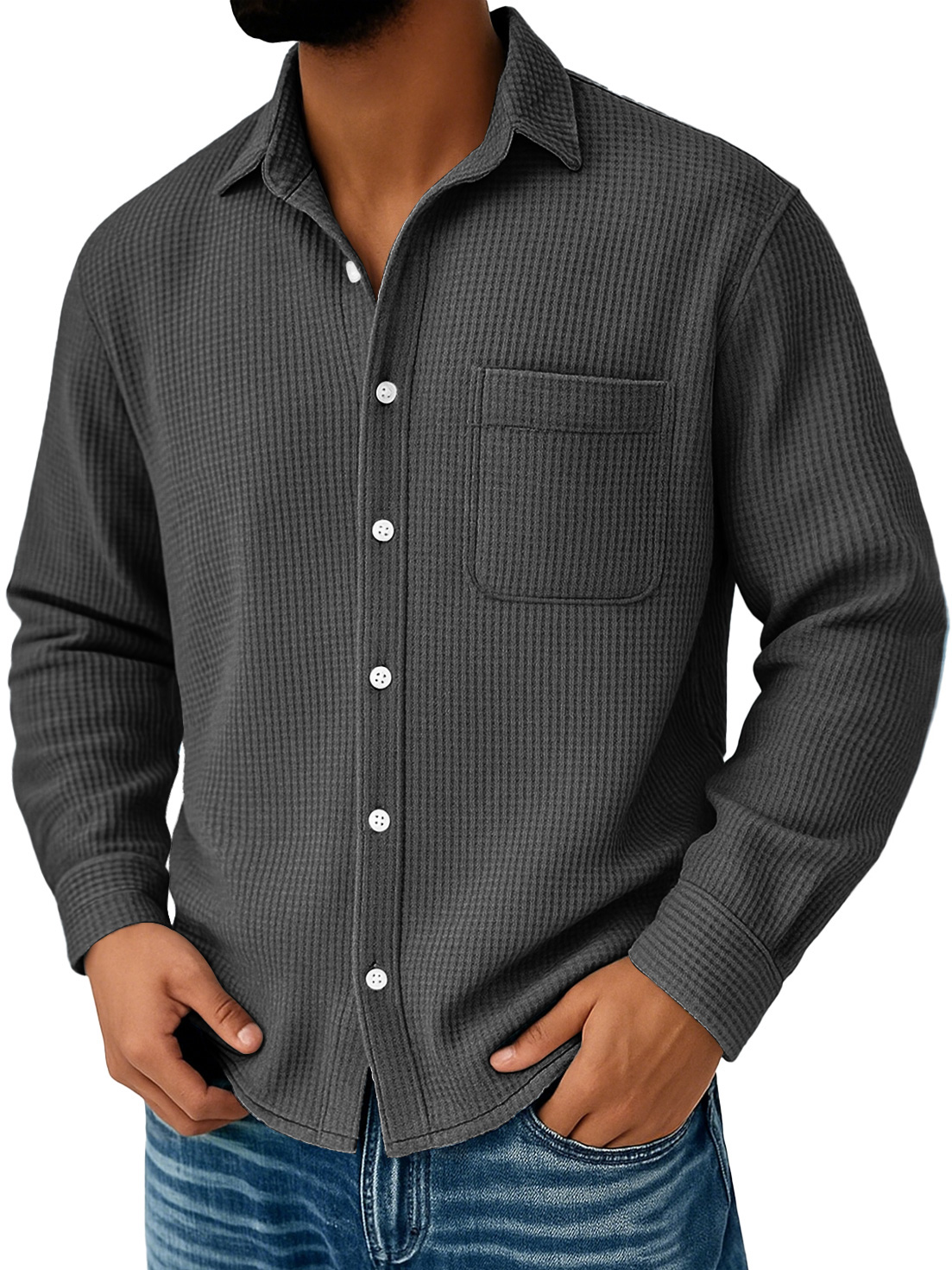 Herren Alltags Waffel Freizeit Tasche Komfort Langarmshirt-deurabatt