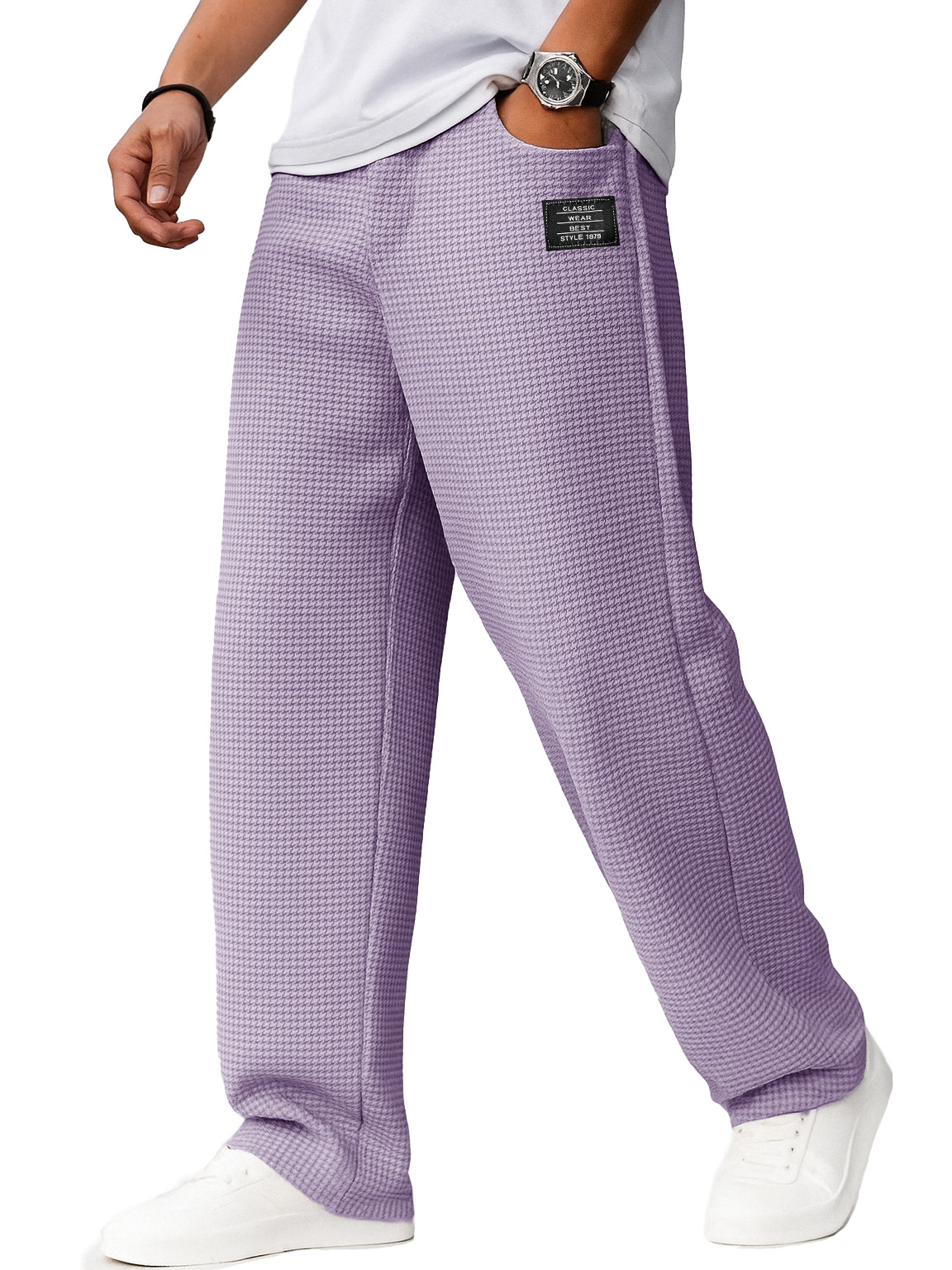 Herrenmode Alltags-Waffelstoff Besticktes Logo Kordelzug Lockere Elastische Taille Taschenhose-ZierMode