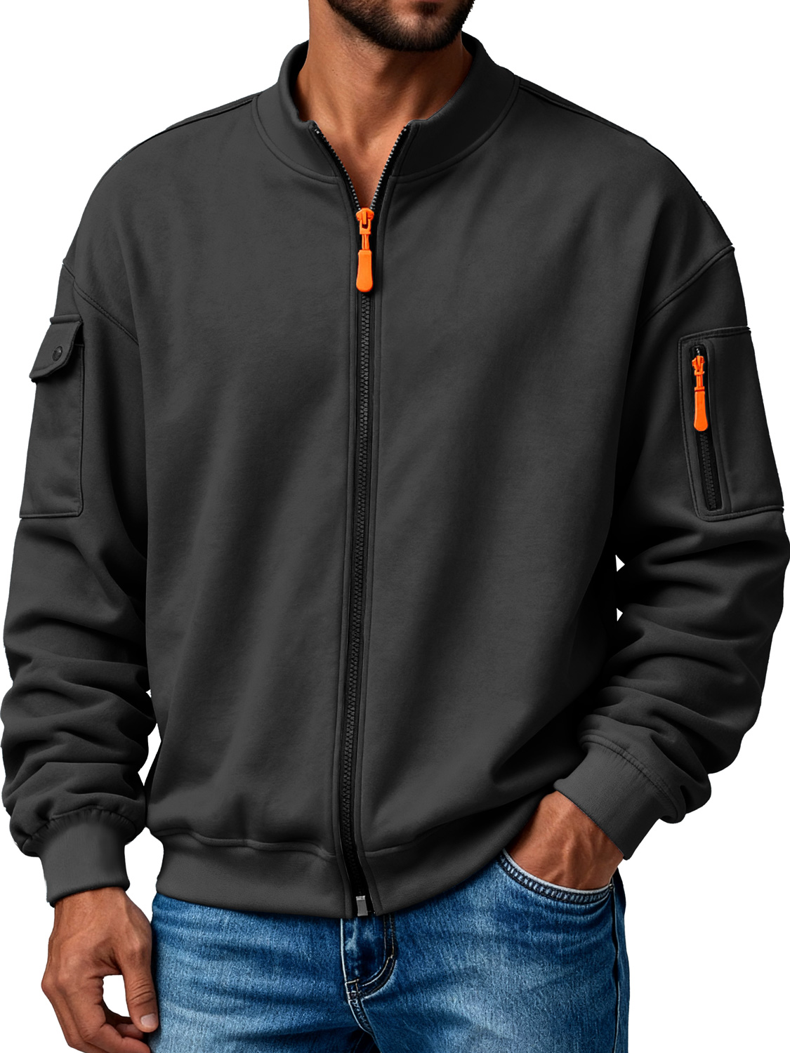 Herren Mehrfachtaschen Stehkragen Reißverschluss Freizeitjacke-deurabatt