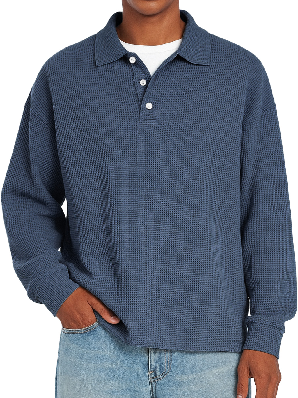 Herren Daily Waffle Freizeit Revers Knopf Locker Langarm Polohemd-deurabatt