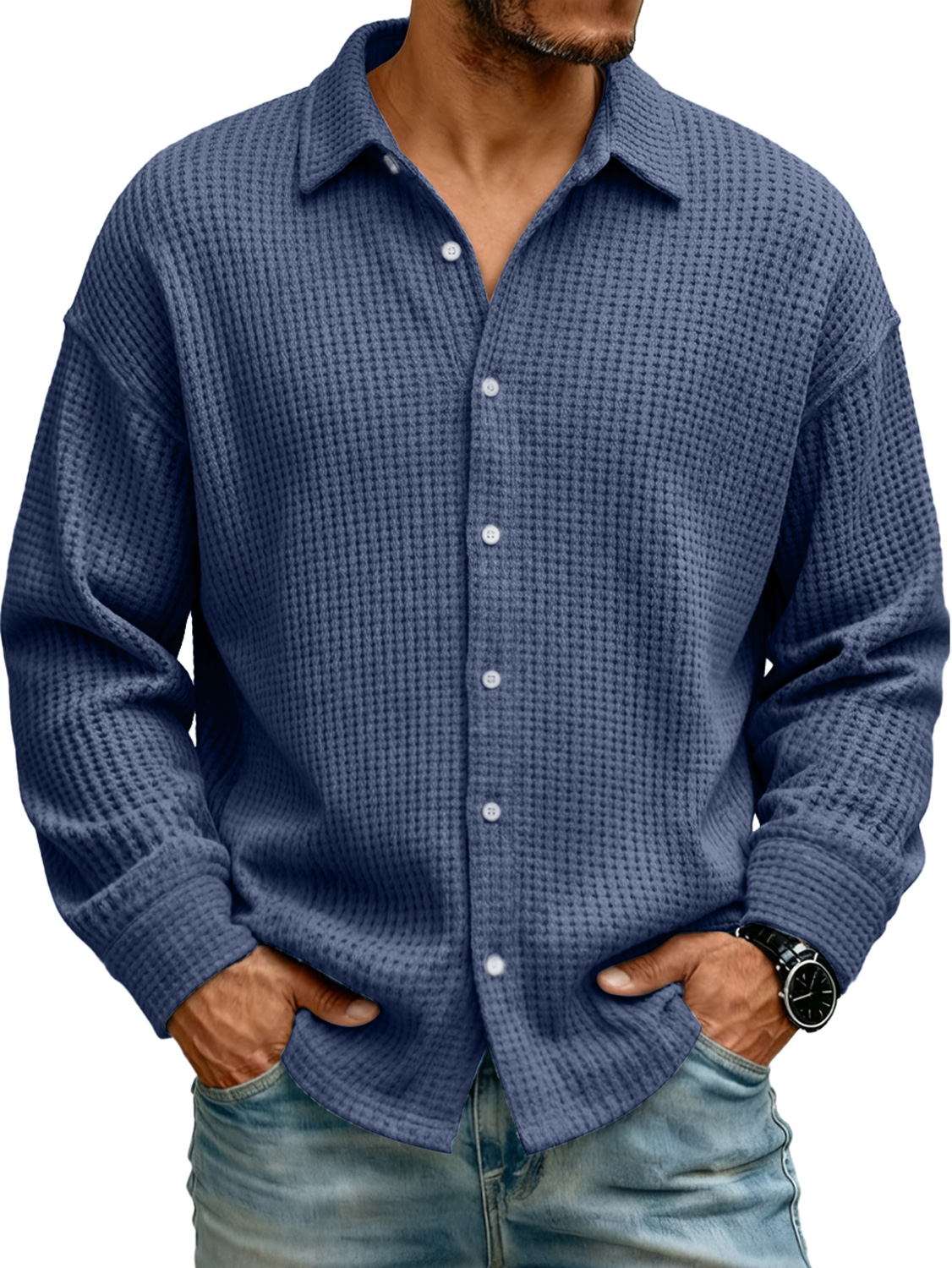 Herren Revers Waffelstrick Freizeit Einfarbig Langarmshirt-deurabatt