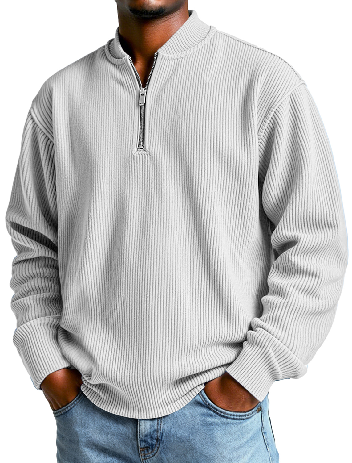 Herren Daily Simple Rippkragen Baseballkragen Reißverschluss Lässiges Langarm-T-Shirt-deurabatt