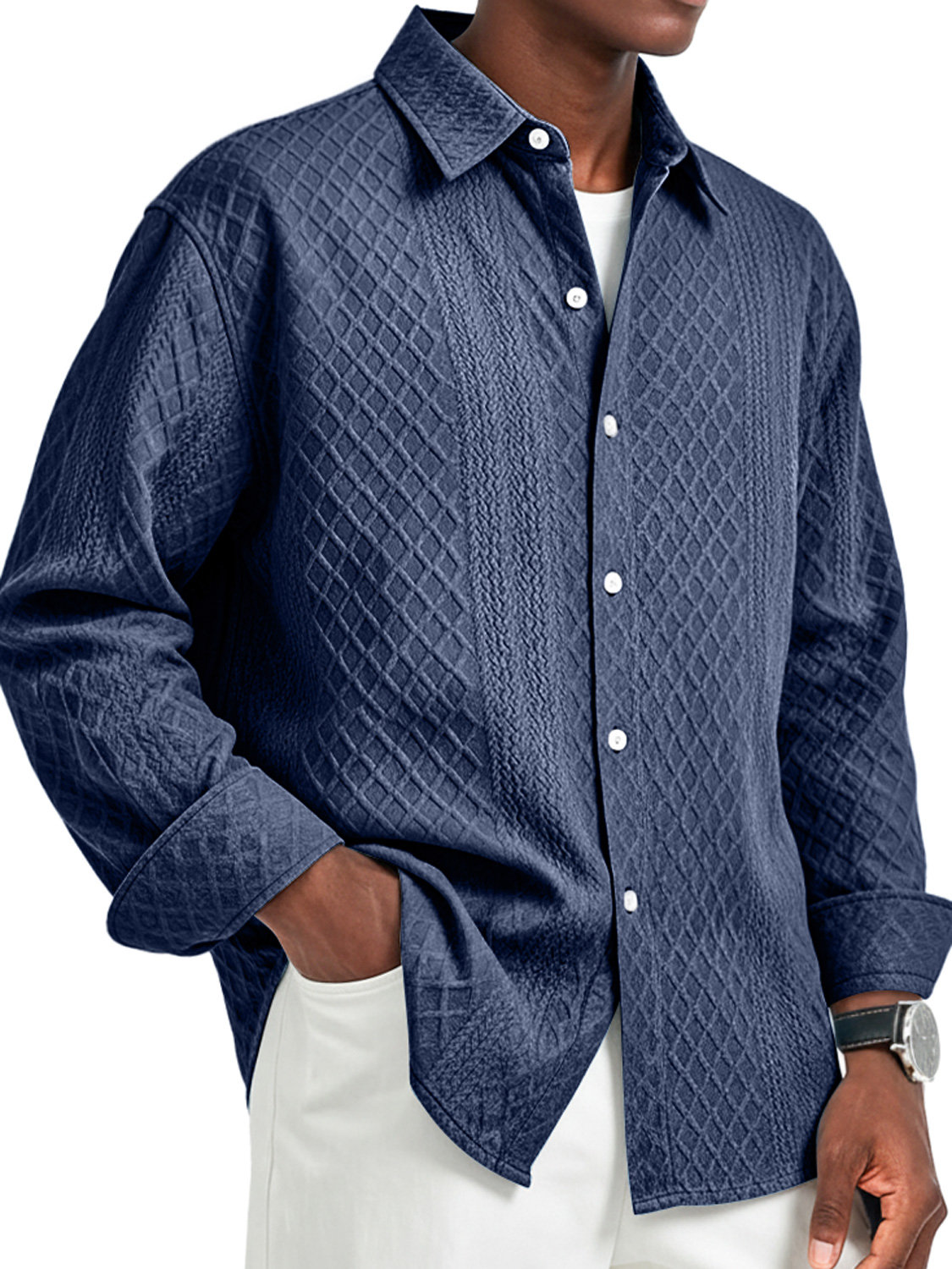 Herren Daily Jacquard Struktur Freizeit Revers Langarmhemd-deurabatt