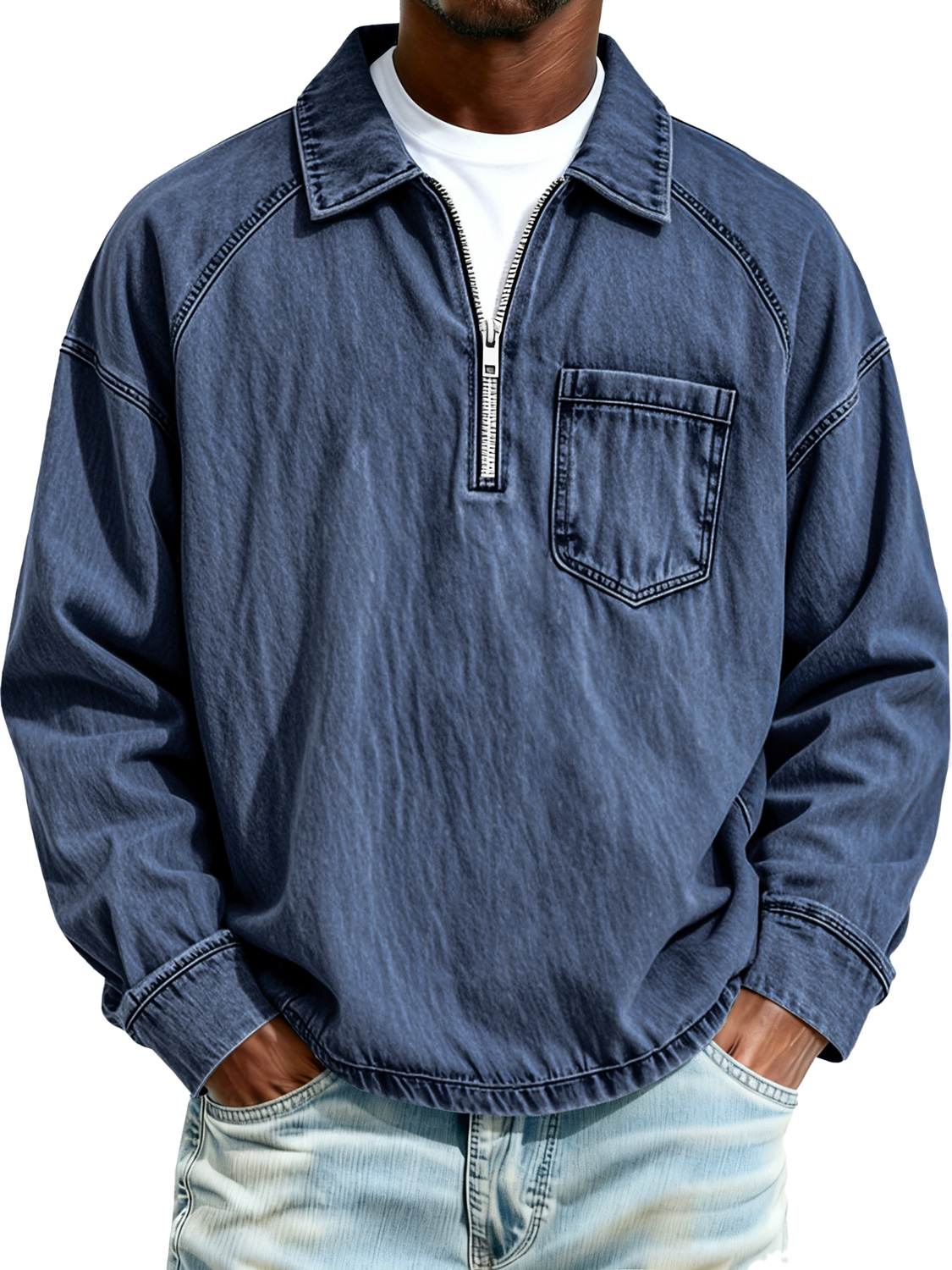 Herren Retro Raglan-Kragen Reißverschluss Freizeit Tasche Langarm Polo-Shirt-deurabatt