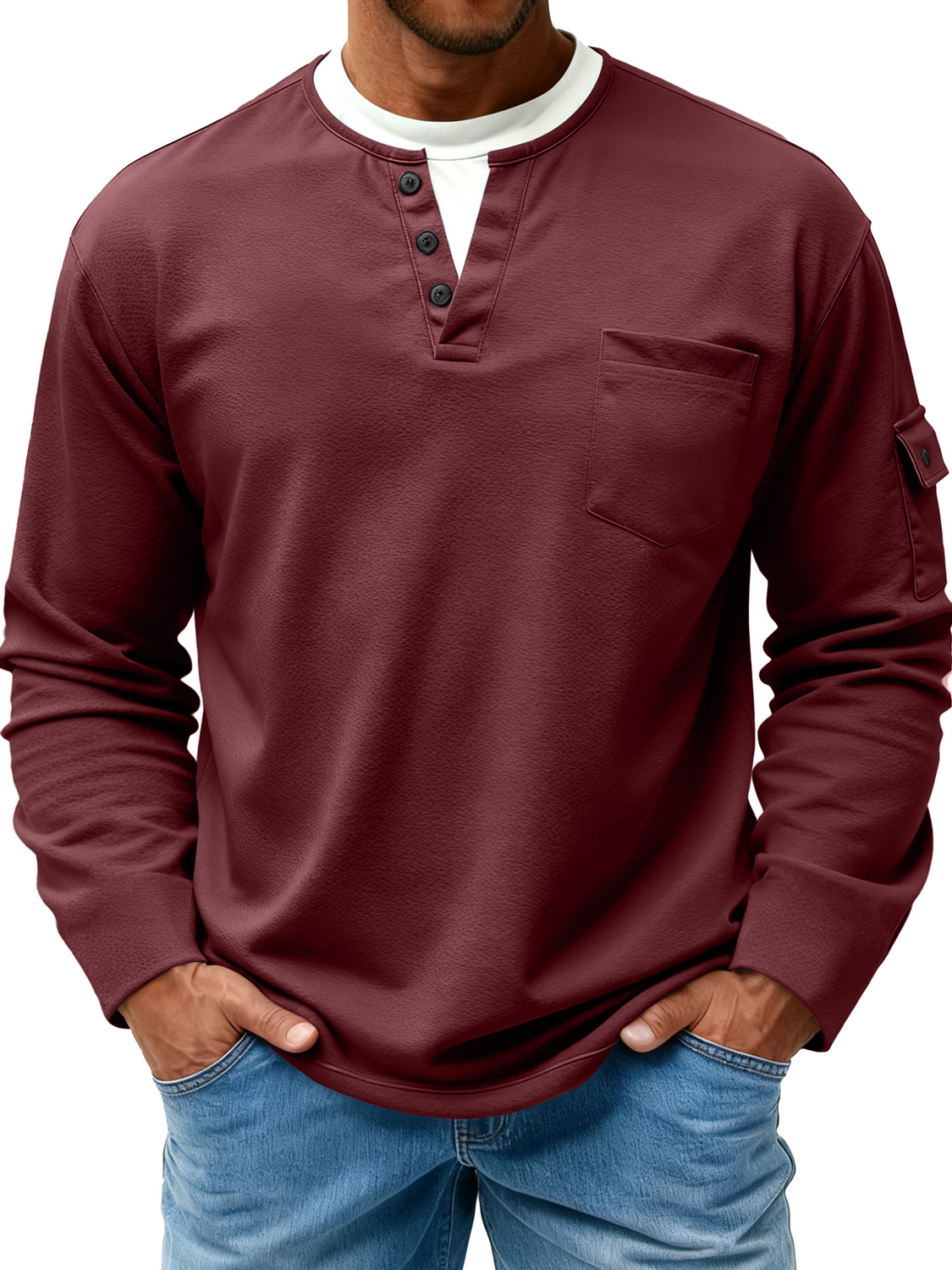 Herren T-Shirt mit doppeltem Kragen, faux Zweiteiler, lässig, langärmlig, mit Seitentaschen-ZierMode