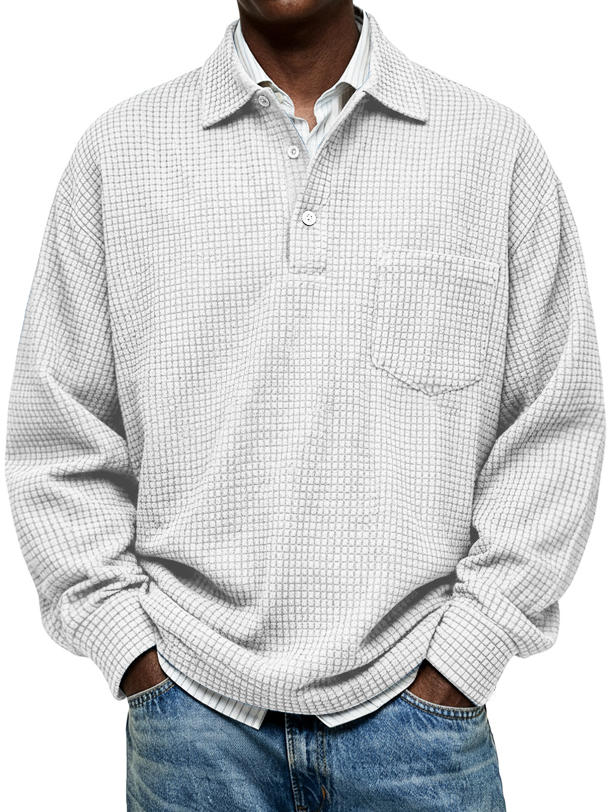 Einfaches Kordel-Corn-Plüsch-Karomuster-Revers-Button-Lässiges Langarm-Polohemd-deurabatt