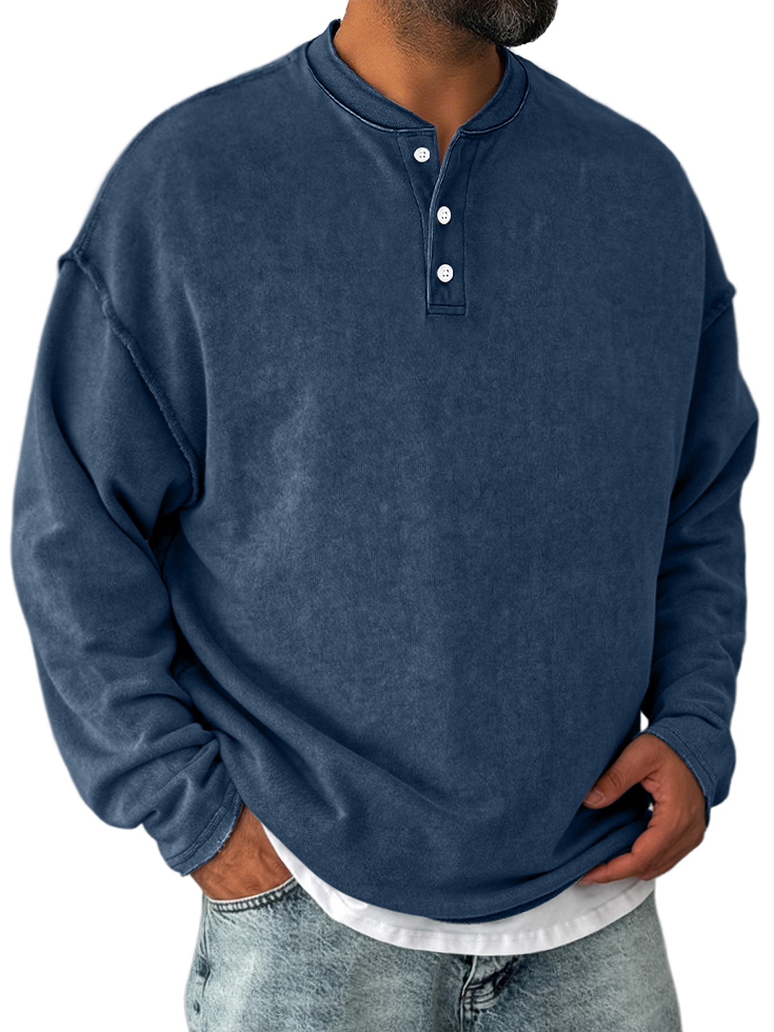 Herren Retro Freizeit Stehkragen Knopf-Down Langarm Henley Shirt-deurabatt