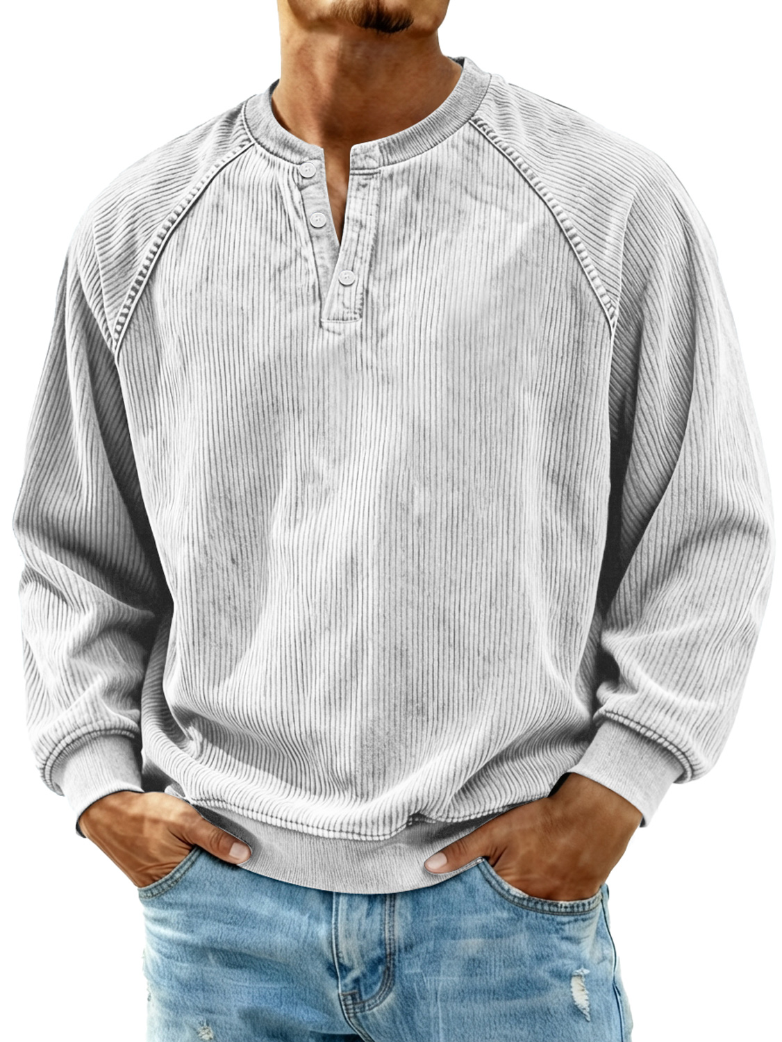 Herren Retro Corduroy Raglan Freizeit Langarm Henley Shirt-deurabatt