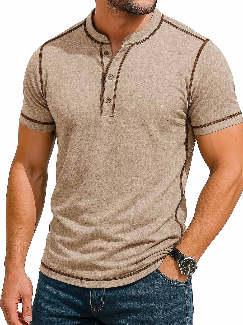Herrenmode Retro Kontrastfarbe Linie Kurzarm Henley Shirt-deurabatt