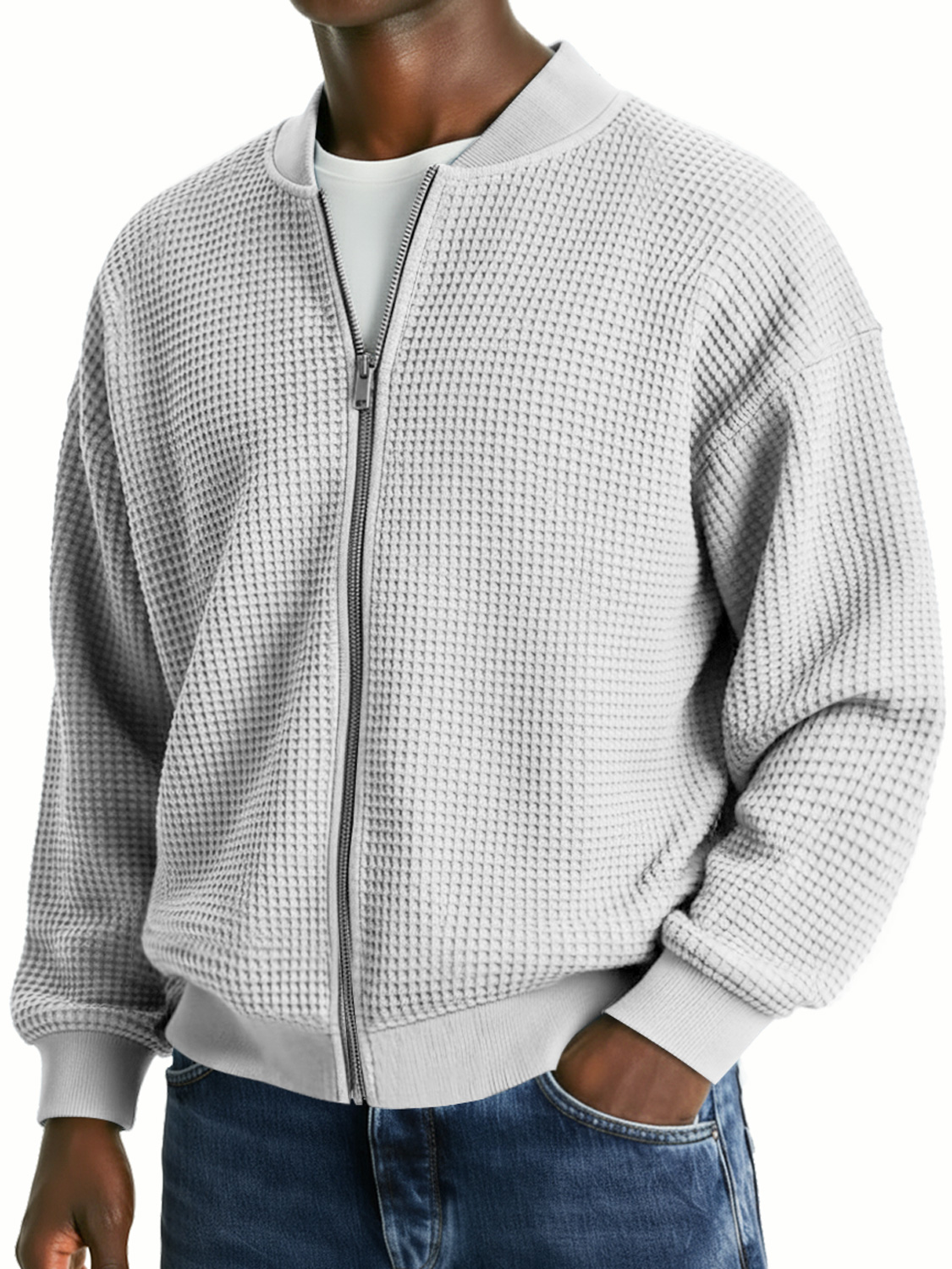 Herren-Waffelstrickjacke, lässig, locker, mit Reißverschluss-deurabatt