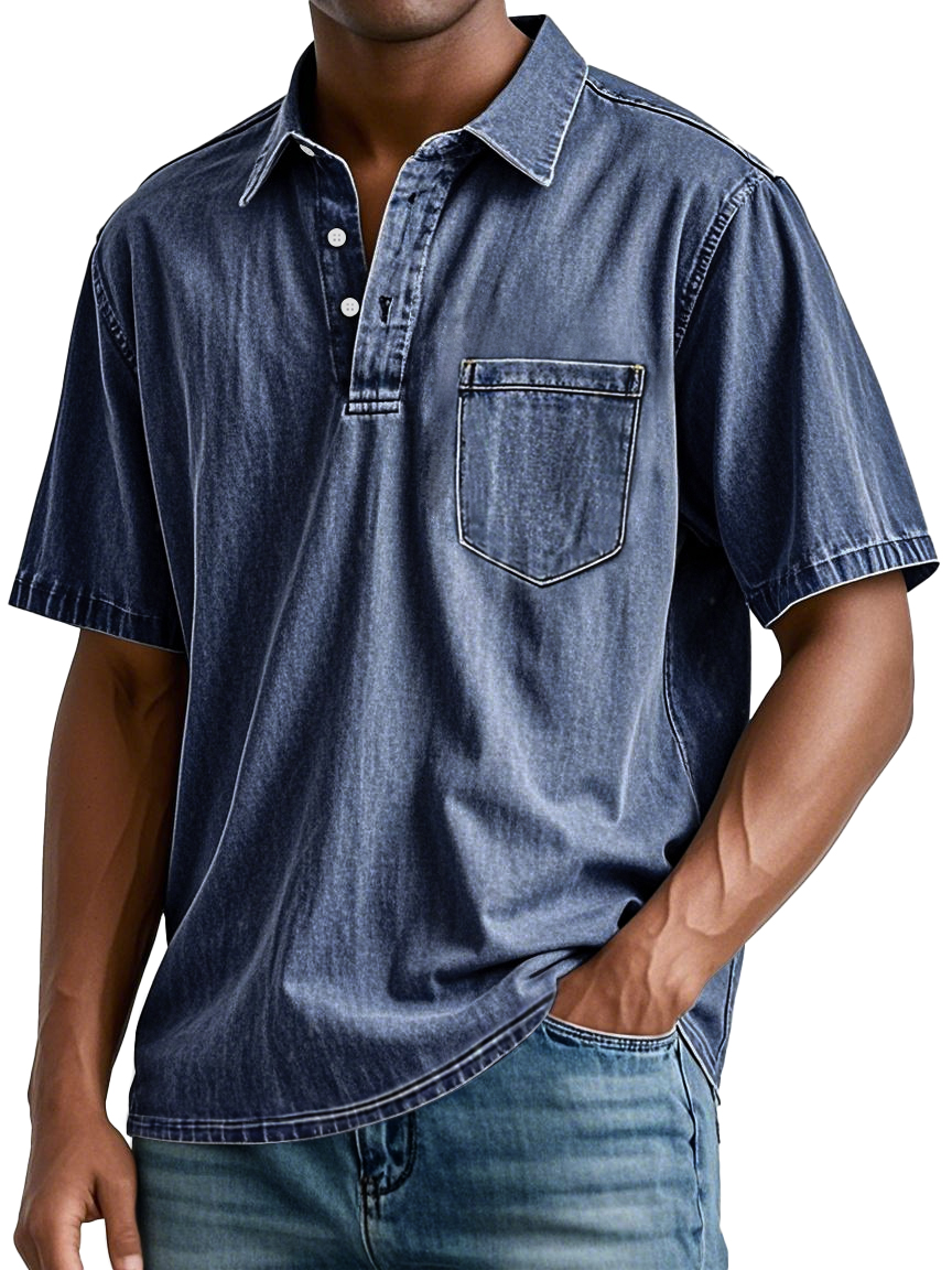Herren Retro Revers Tasche Freizeitmode Kurzarm POLO Hemd-deurabatt