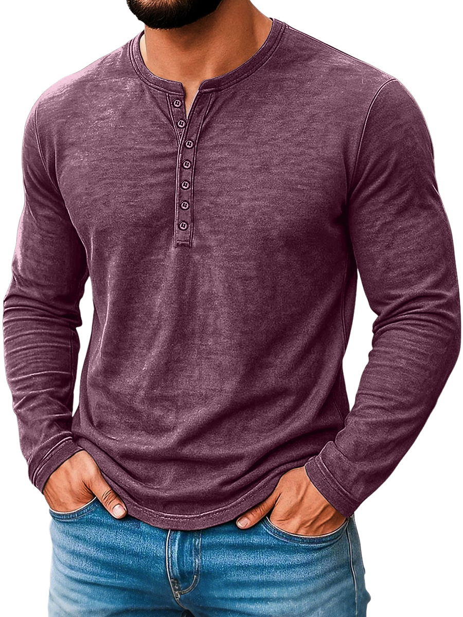 Herren Vintage Abgenutztes Baumwolle Lässig Knopf-Down Langarm Henley Hemd-deurabatt