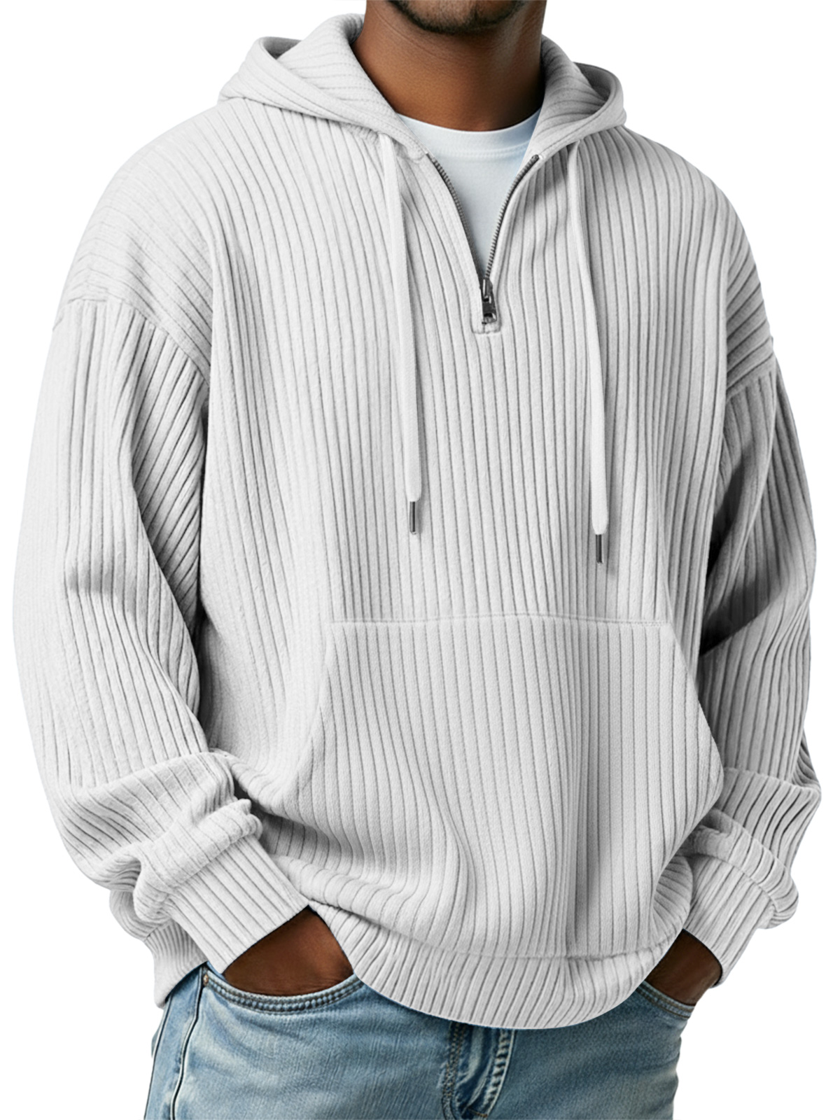 Herren Einfaches Rippstrick Kapuzenzipper Lässiger Lockere Sweatshirt-deurabatt