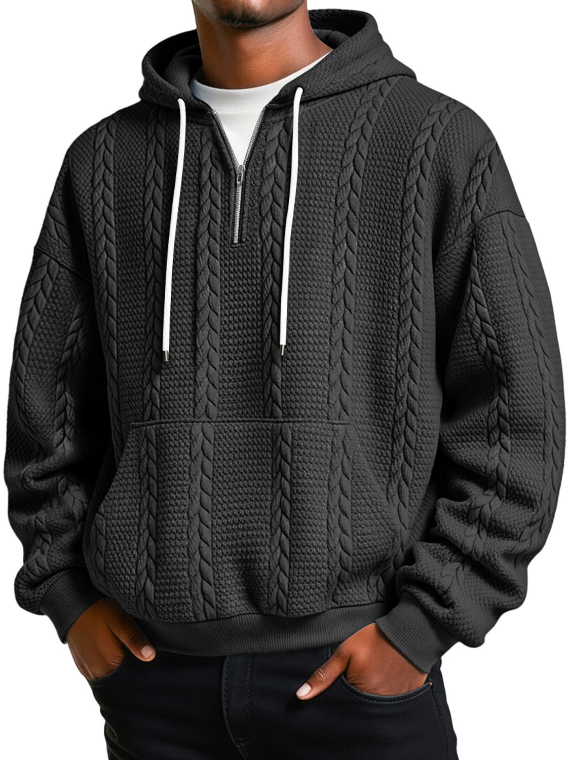Herren Jacquard-Textur Freizeit Reißverschluss Kapuzenpullover locker-deurabatt