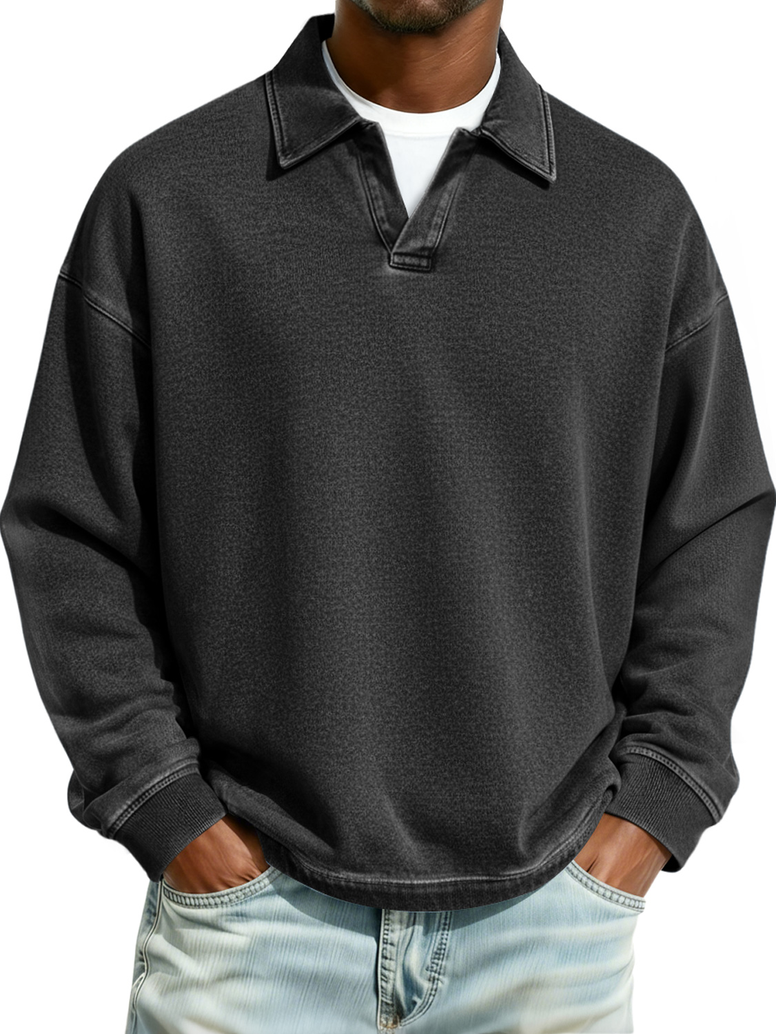 Herren Retro Kragen Freizeit Komfort Langarm Polohemd-deurabatt