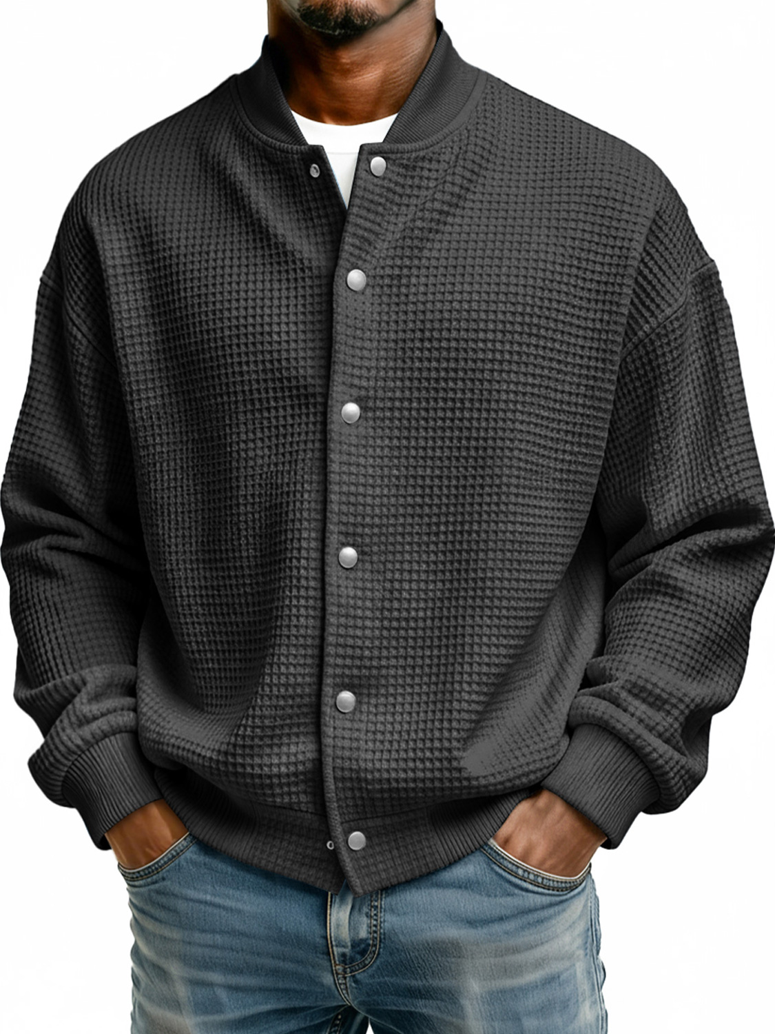 Schlichte Herren-Freizeitjacke mit Stehkragen und Waffelmuster-deurabatt