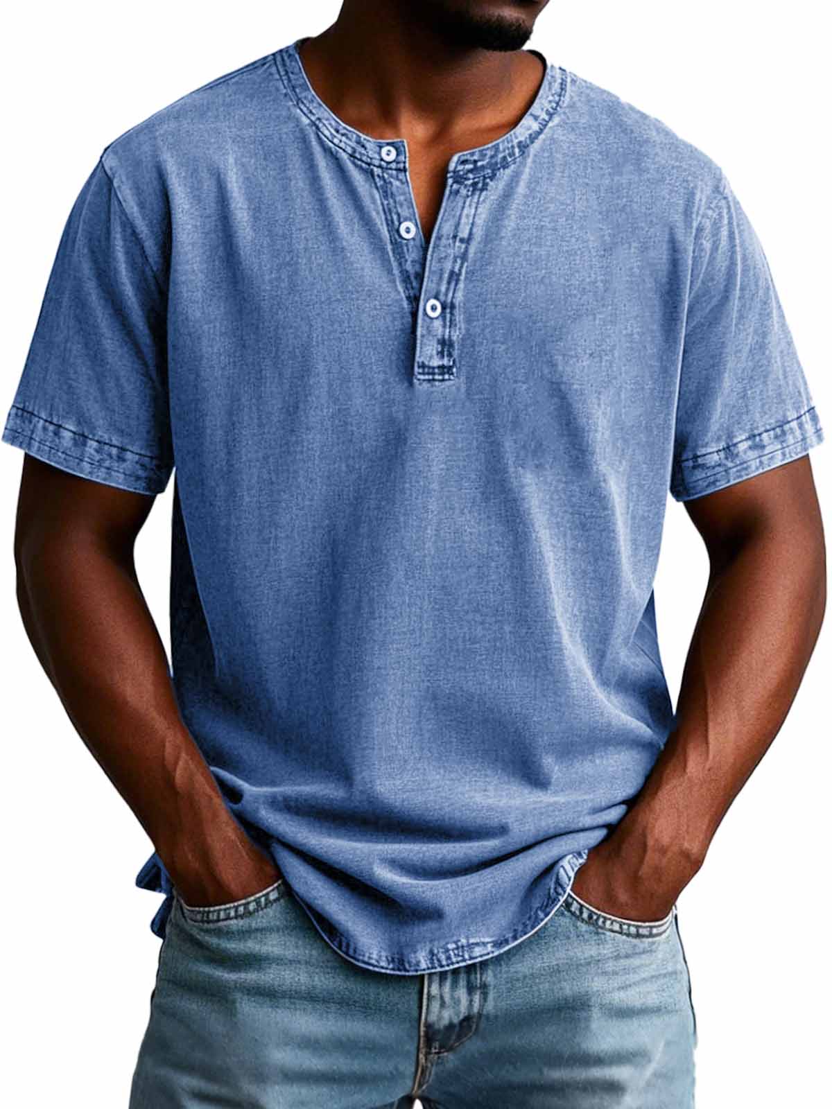 Herrenmode Vintage Verwaschenes Kurzarm-Henley-Shirt-deurabatt