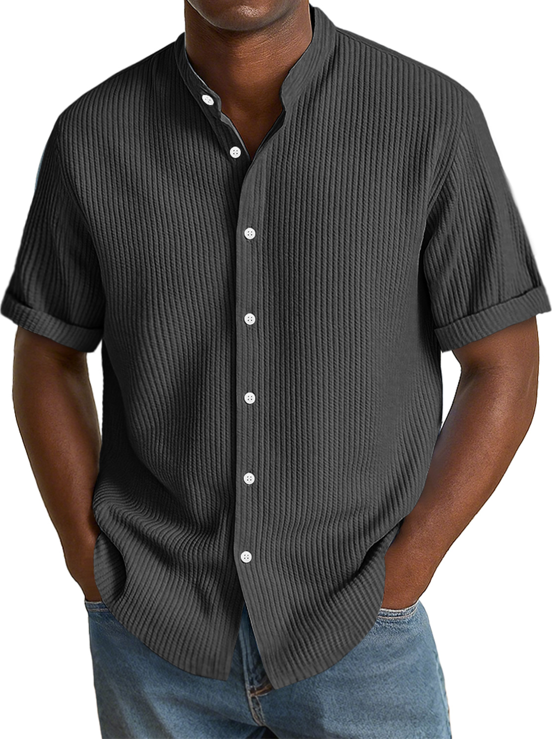 Herren Daily Texture Stoff Freizeit Stehkragen Einfarbig Kurzarmhemd-deurabatt