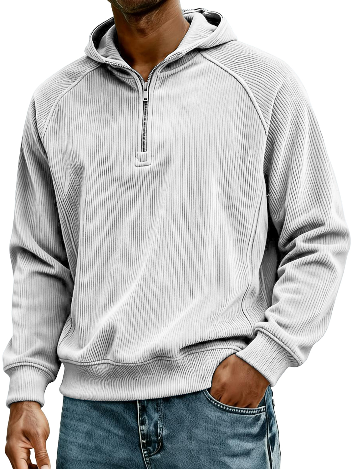 Herren Retro Corduroy Raglan Kapuzenpullover mit Reißverschluss-deurabatt