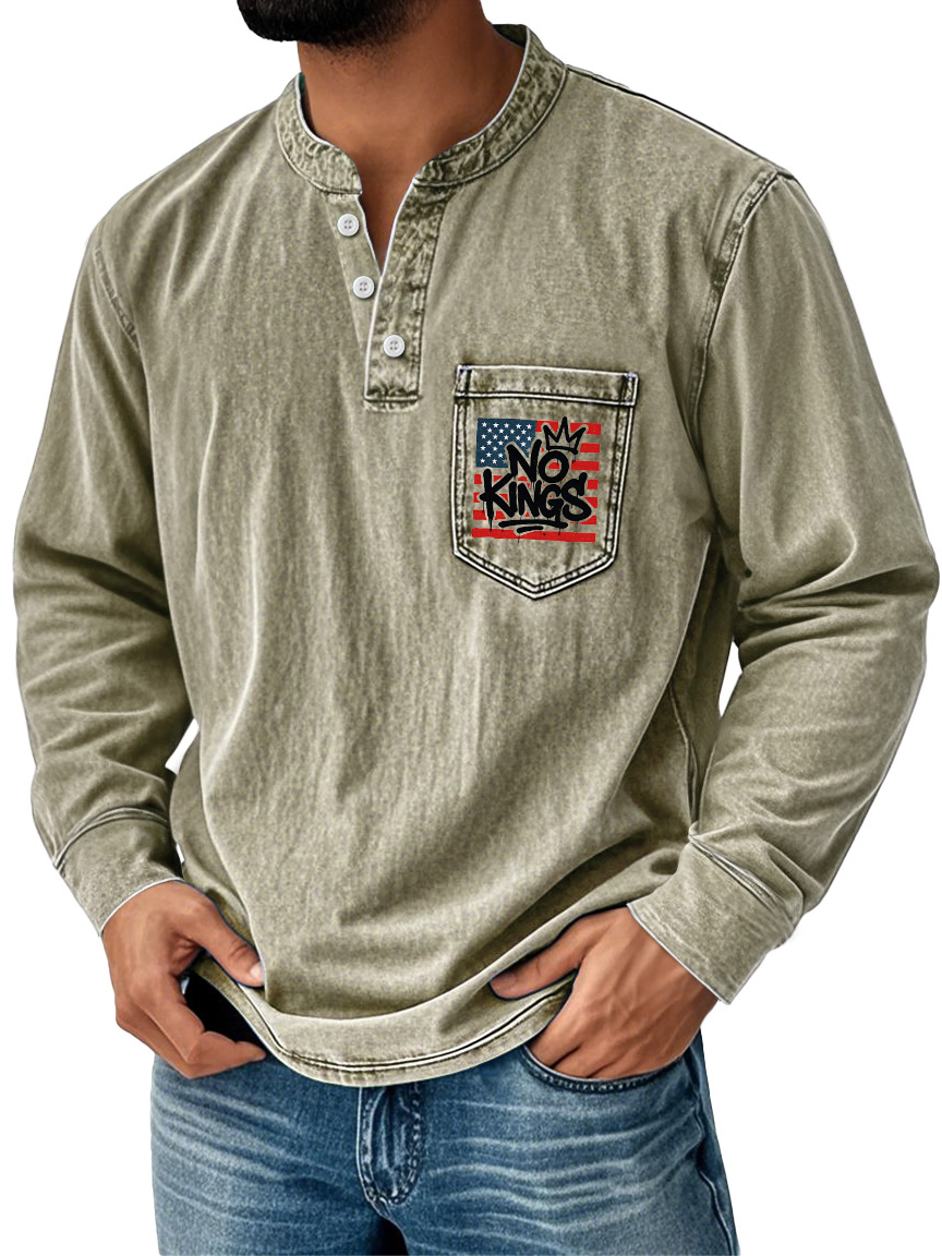 Herren Vintage No Kings Stehkragen Knopf Tasche Lässig Langarm Henley-deurabatt