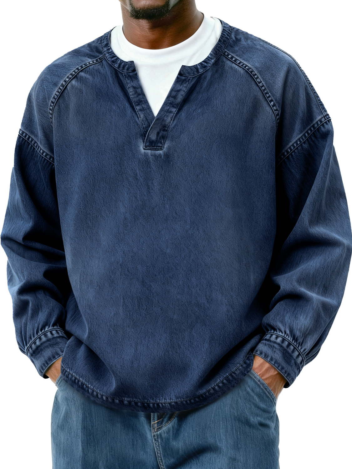 Herren Retro Faux Zwei-Teile Raglan Patchwork Freizeit Langarm T-Shirt-deurabatt