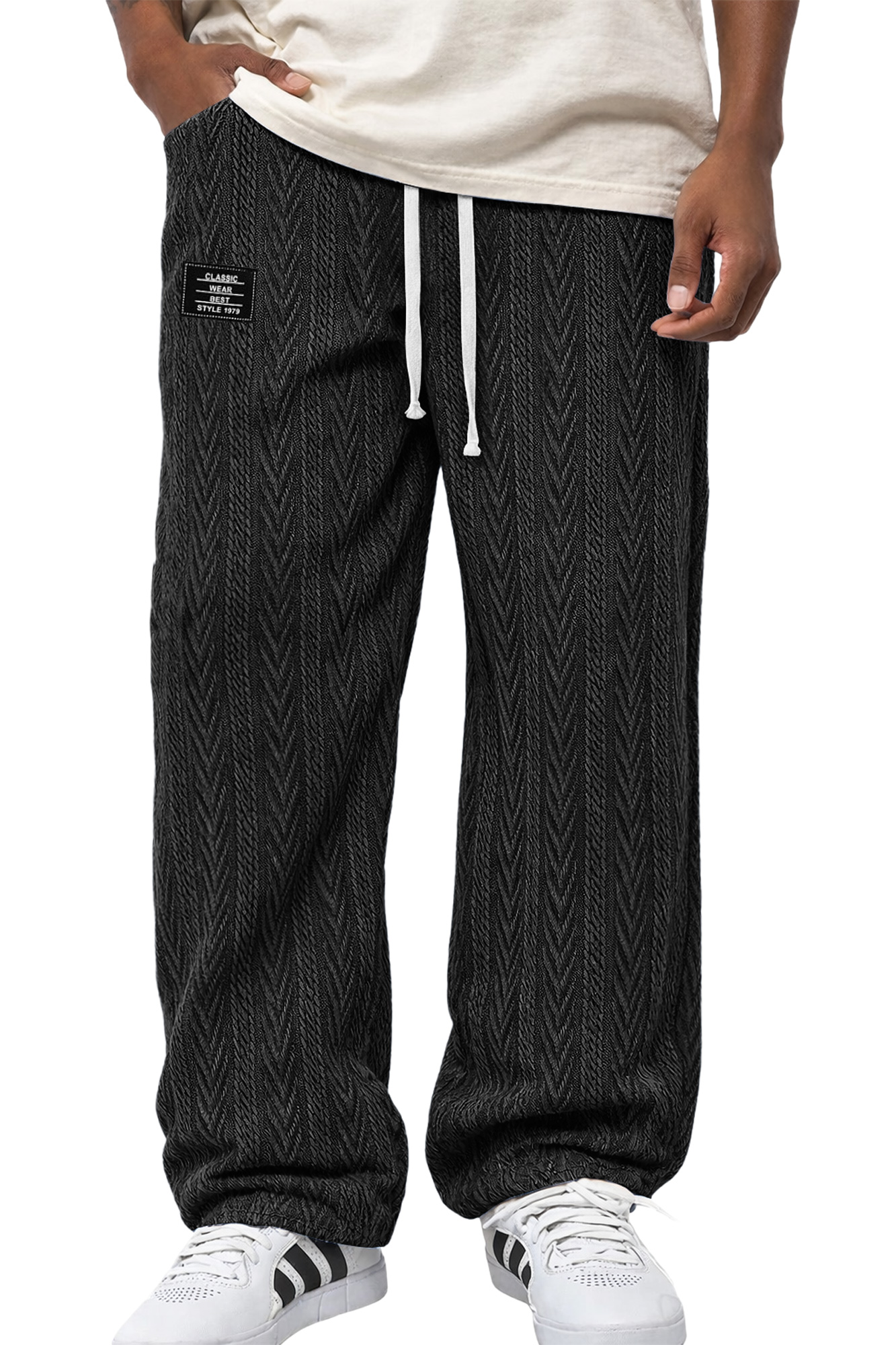 Herren Freizeit Jacquard Strukturierte Bestickte Logo Elastischer Bund Lockere Hose-deurabatt