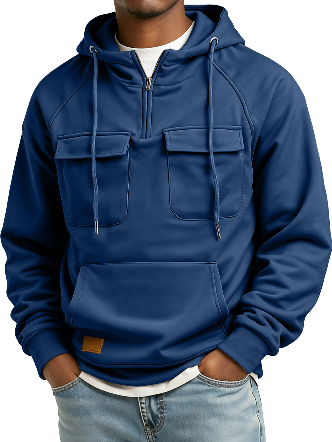 Herren Retro Reißverschluss Doppelter Taschen Besticktes Logo Freizeit Hoodie-deurabatt
