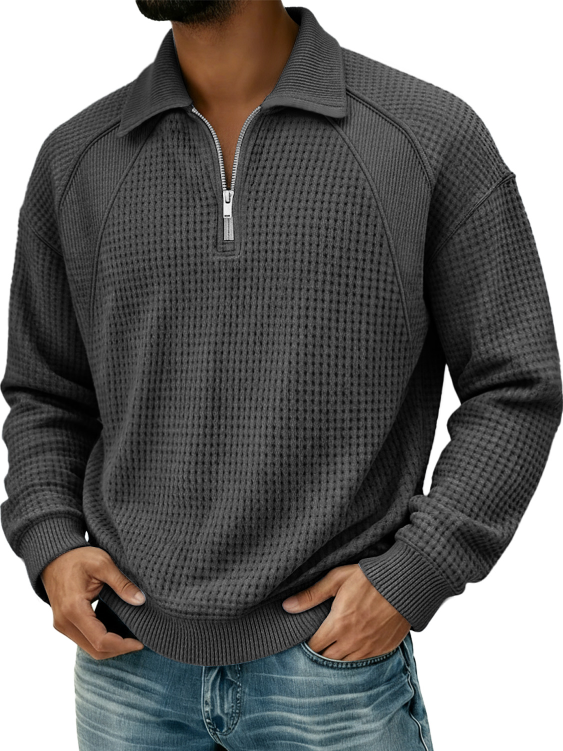 Herren Waffel Revers Reißverschluss Design Split Naht Polo Shirt-deurabatt