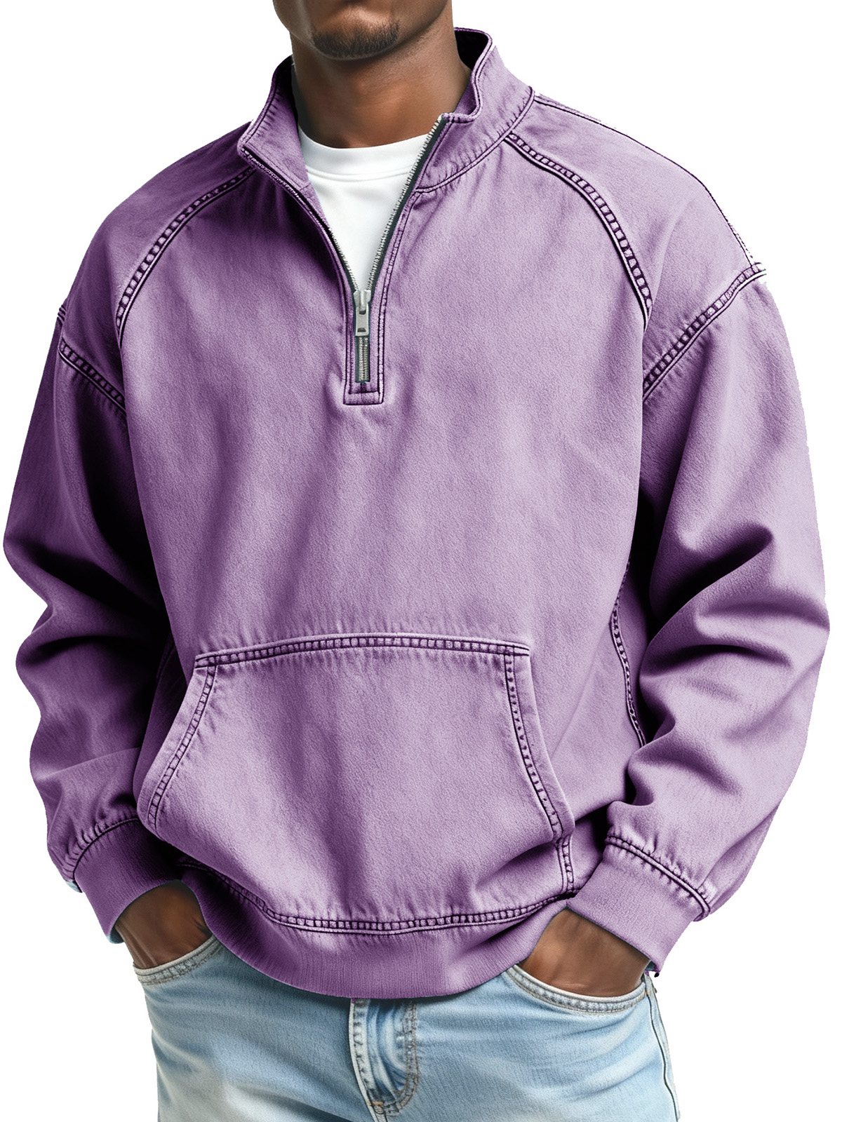 Herren Mode Retro Stehkragen Raglan Tasche Langarm Oberteil-deurabatt