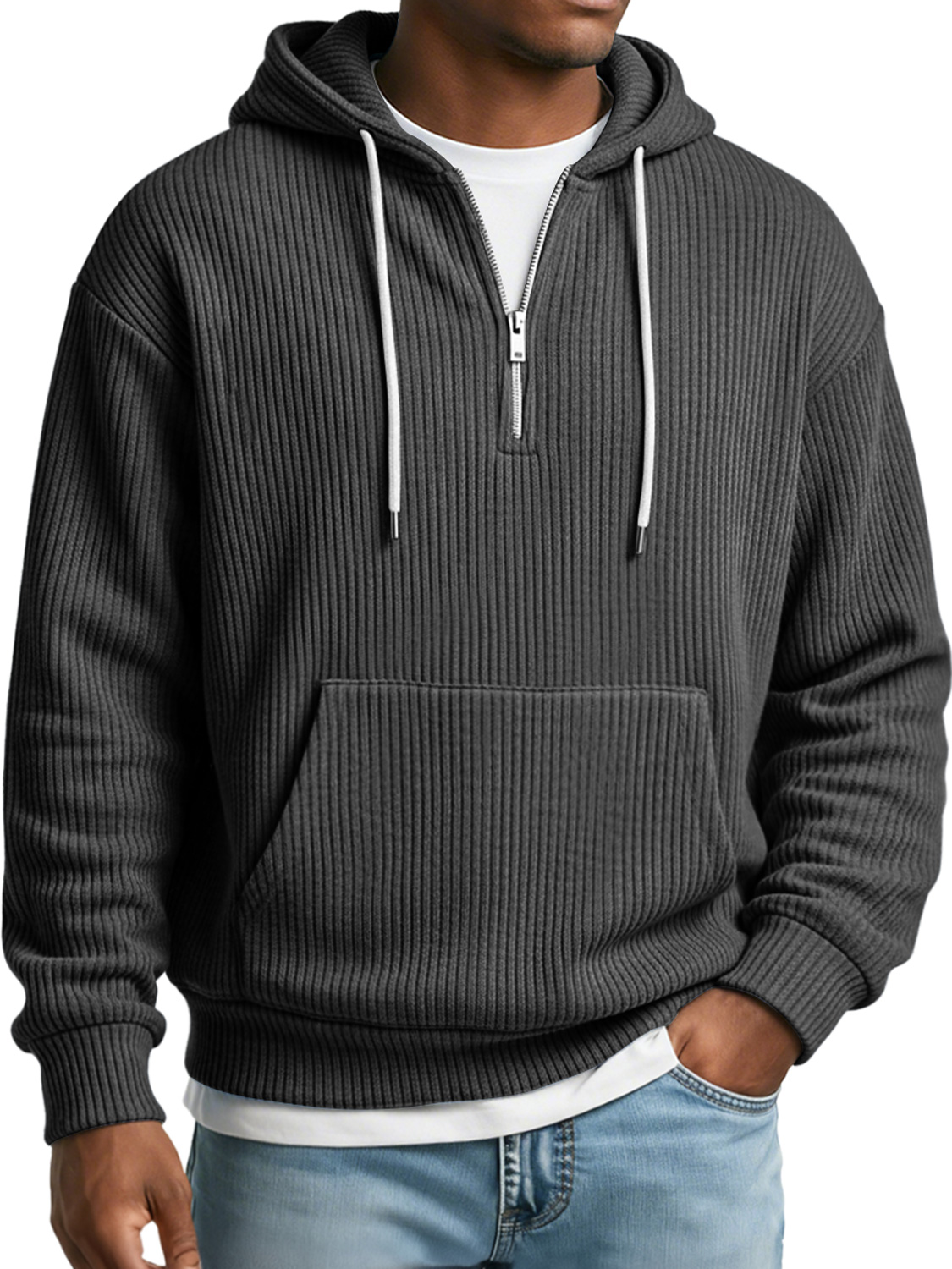 Herren Einfaches Geripptes Texturiertes Kapuzen-Sweatshirt mit Reißverschluss in Lässiger Lockere Passform-ZierMode