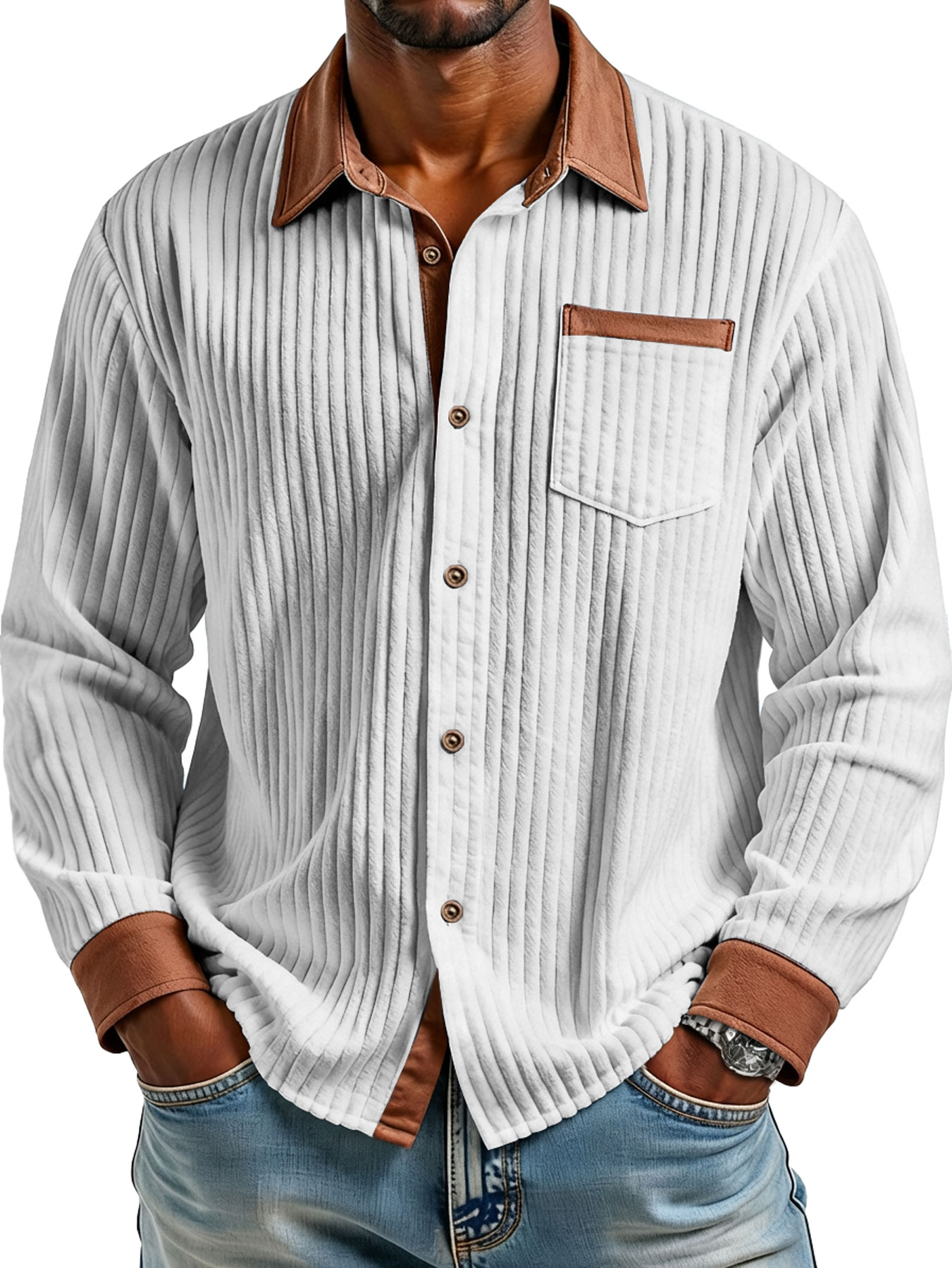 Herren Retro Corduroy Kragen Farbblock Casual Langarmhemd-deurabatt