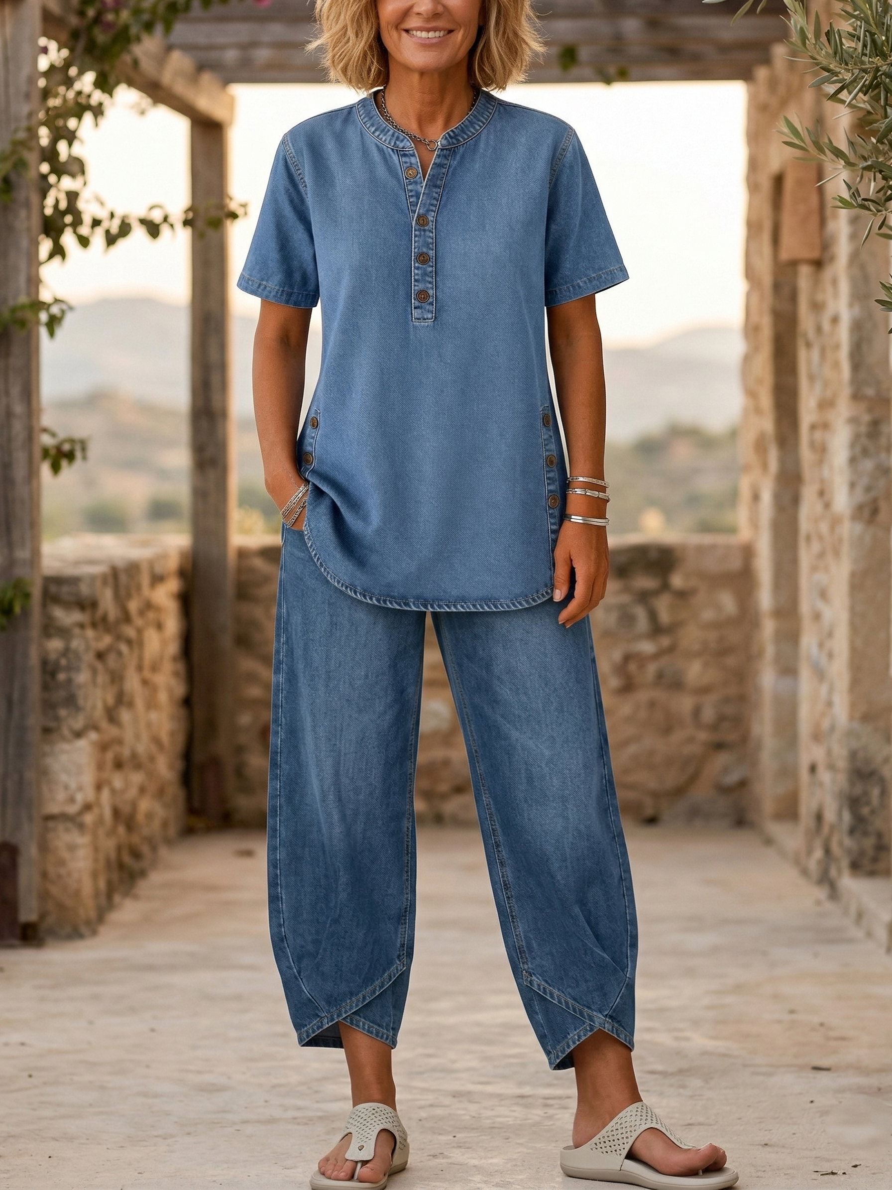 Damen-Zweiteiler aus Jeans mit kurzen Ärmeln
